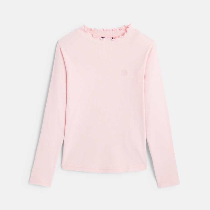 T-shirt côtelé broderie cœur rose fille