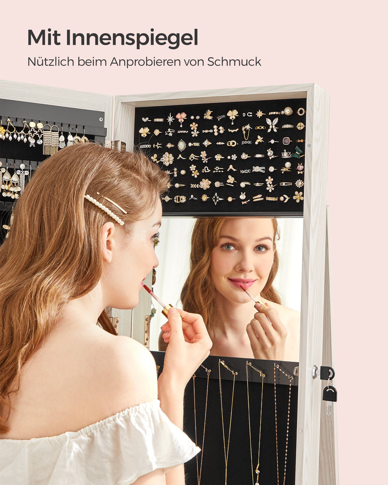 SONGMICS Schmuckschrank Spiegelschrank Schlüsseln, Geschenkidee, 3 Ablagen