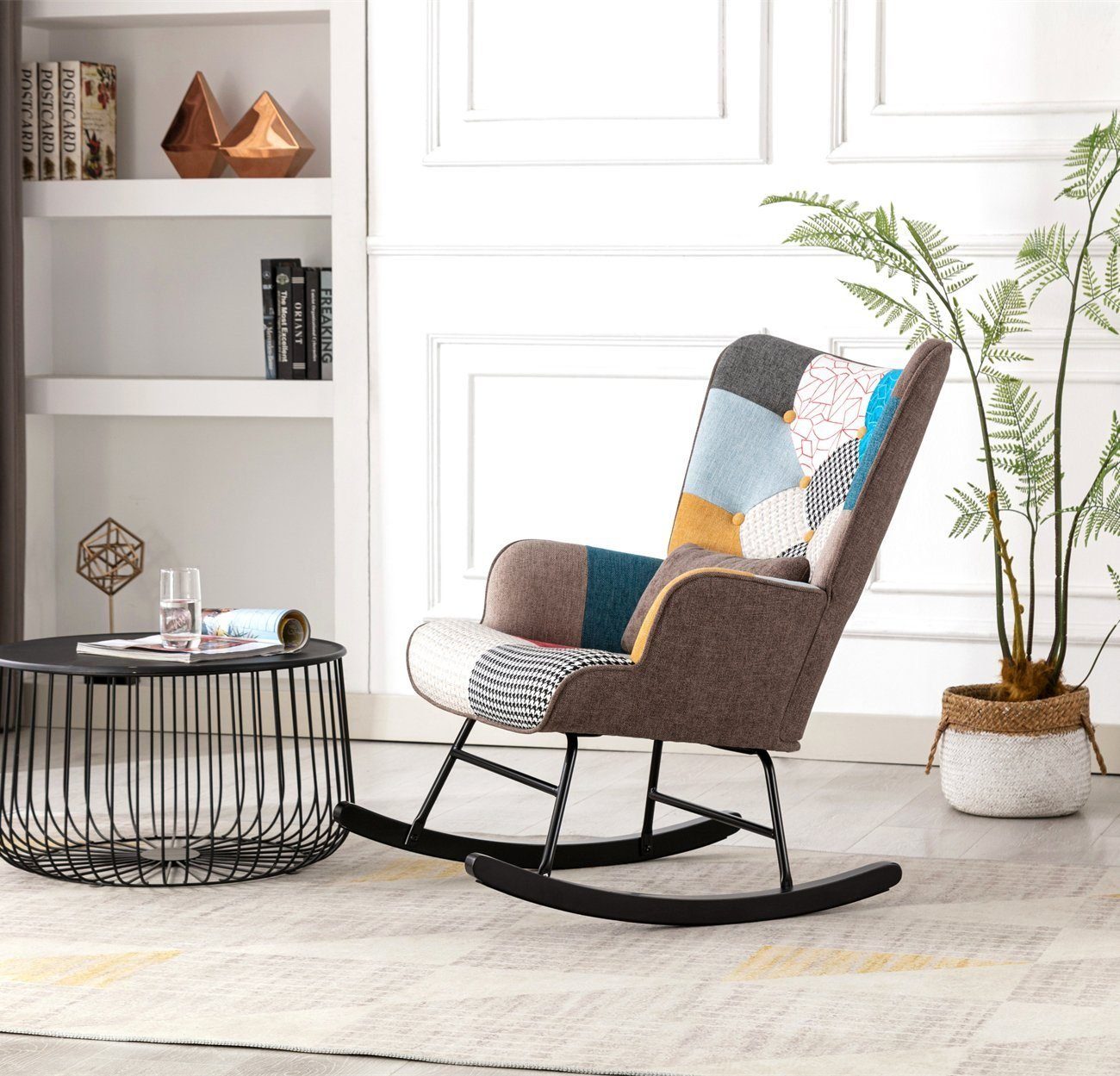 HomeMiYN Schaukelstuhl Schaukelstuhl Patchwork Sessel Schwingsessel Relaxstuhl Wohnzimmer, Aus holz