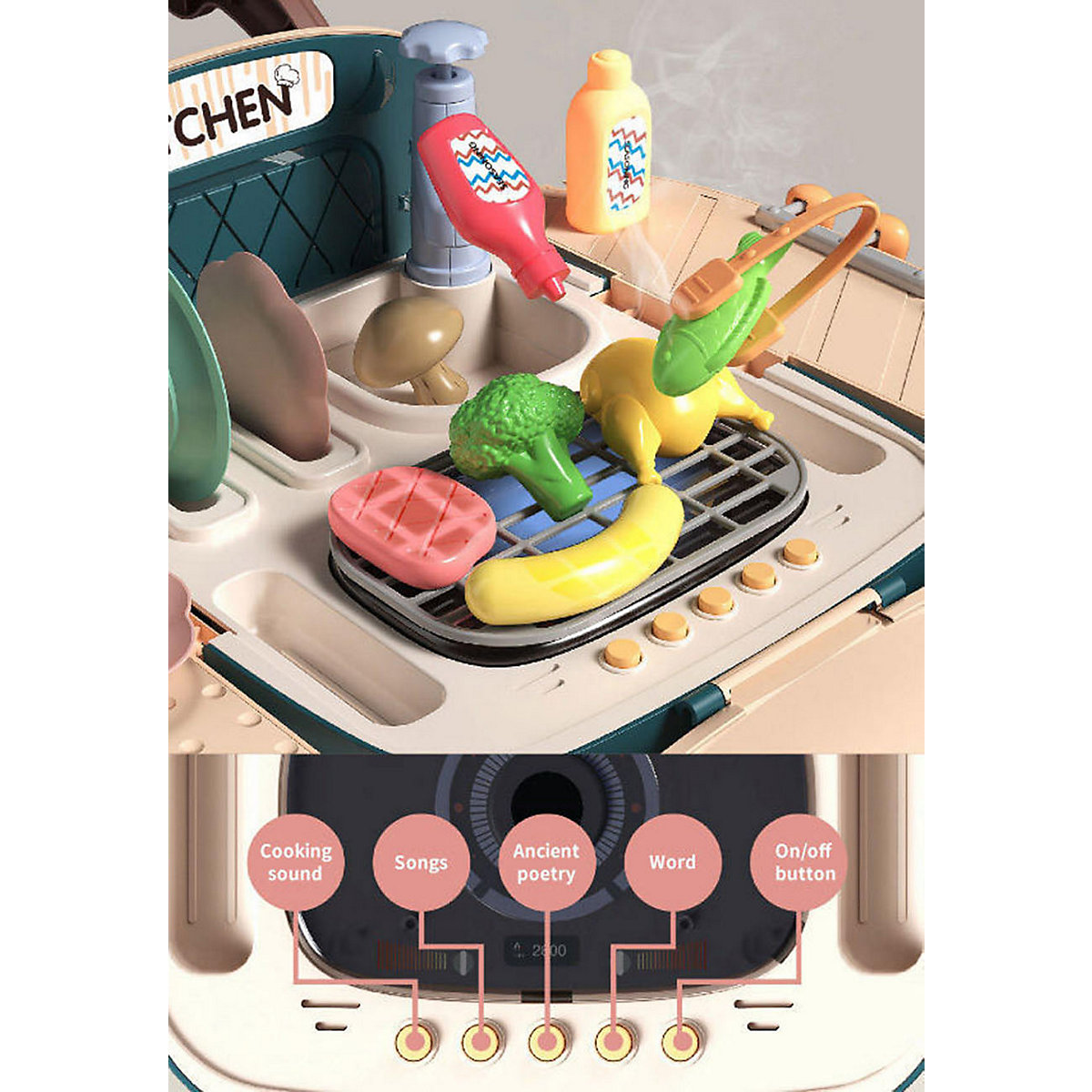 BBQ-Einkaufswagen Kinder Küchenwagen BBQ Spielset mit Lichtern und Musik, Küche Lebensmittel Obst Zubehör, 25 Teile, Geburtstagsgeschenke für 3, 4, 5, 6, 7, 8 Jahre alte Jungen und Mädchen