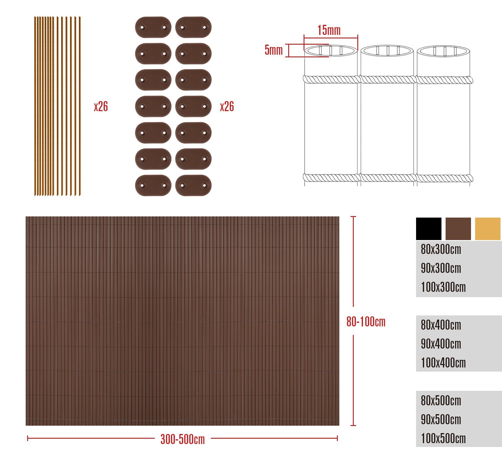 Homewit Balkonsichtschutz PVC Sichtschutzmatte mit Bindern Windschutz Wasserdicht ohne Bohren Doppelte Verstärkung Innen (Schwarz/Braun/Naturholzfarben)