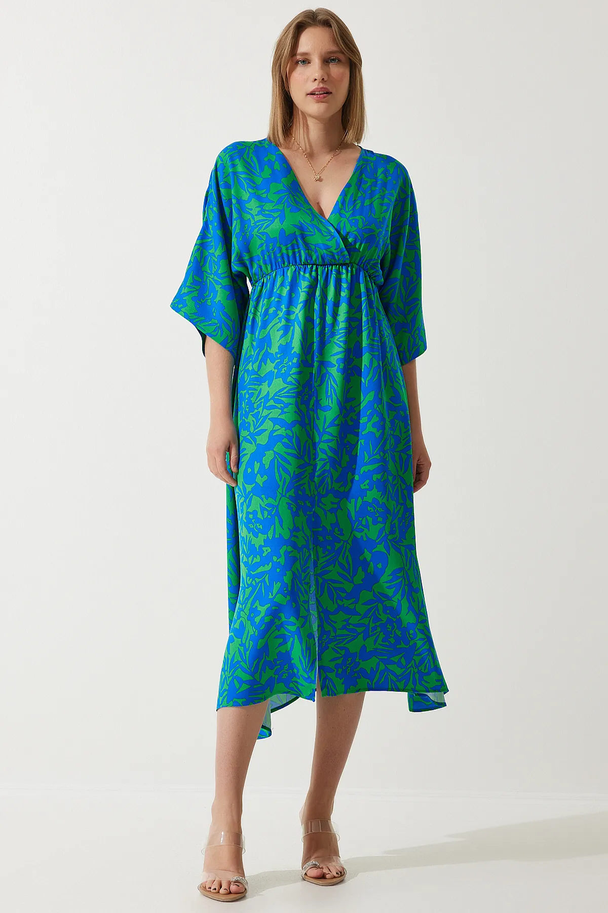 Happiness İstanbul  Damen-Sommerkleid aus Viskose mit tiefem V-Ausschnitt in Blau und Grün CI00081