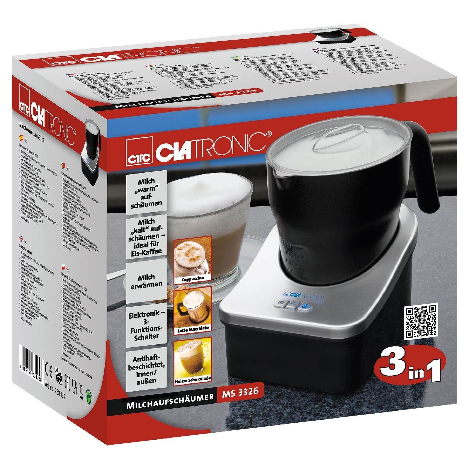 CLATRONIC Milchaufschäumer CLATRONIC Milchaufschäumer 600 W kabellos Milchschäumer 450 ml MS 3326