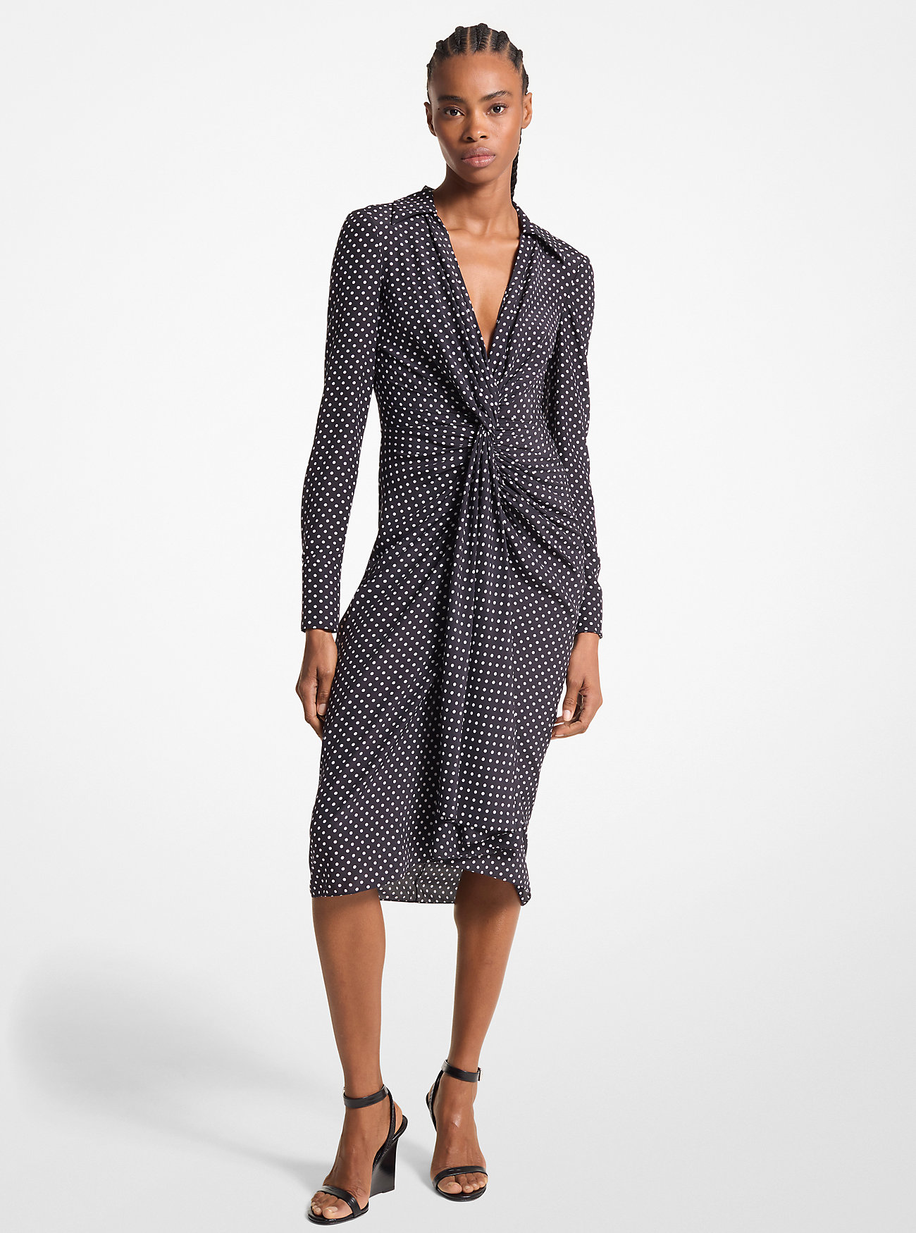 Polka Dot Organic Silk Crepe De Chine Gathered Shirtdress - BLACK/WHITE