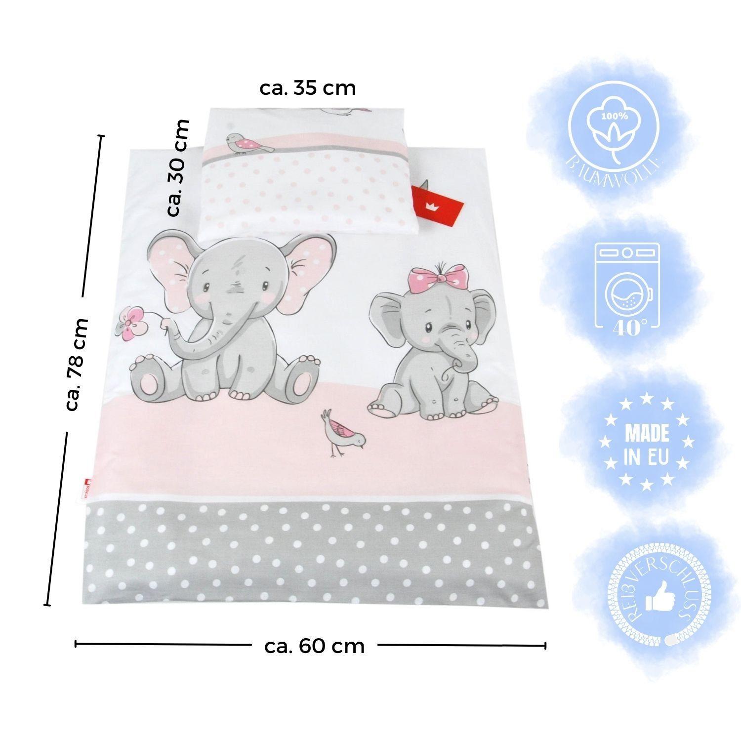 Babybettbezug BABYLUX 2tlg.Set BEZUG Kinderwagen Bettbezug Bettwäsche Wiege 60x78 cm, BabyLux, 112. Elephanten Coral