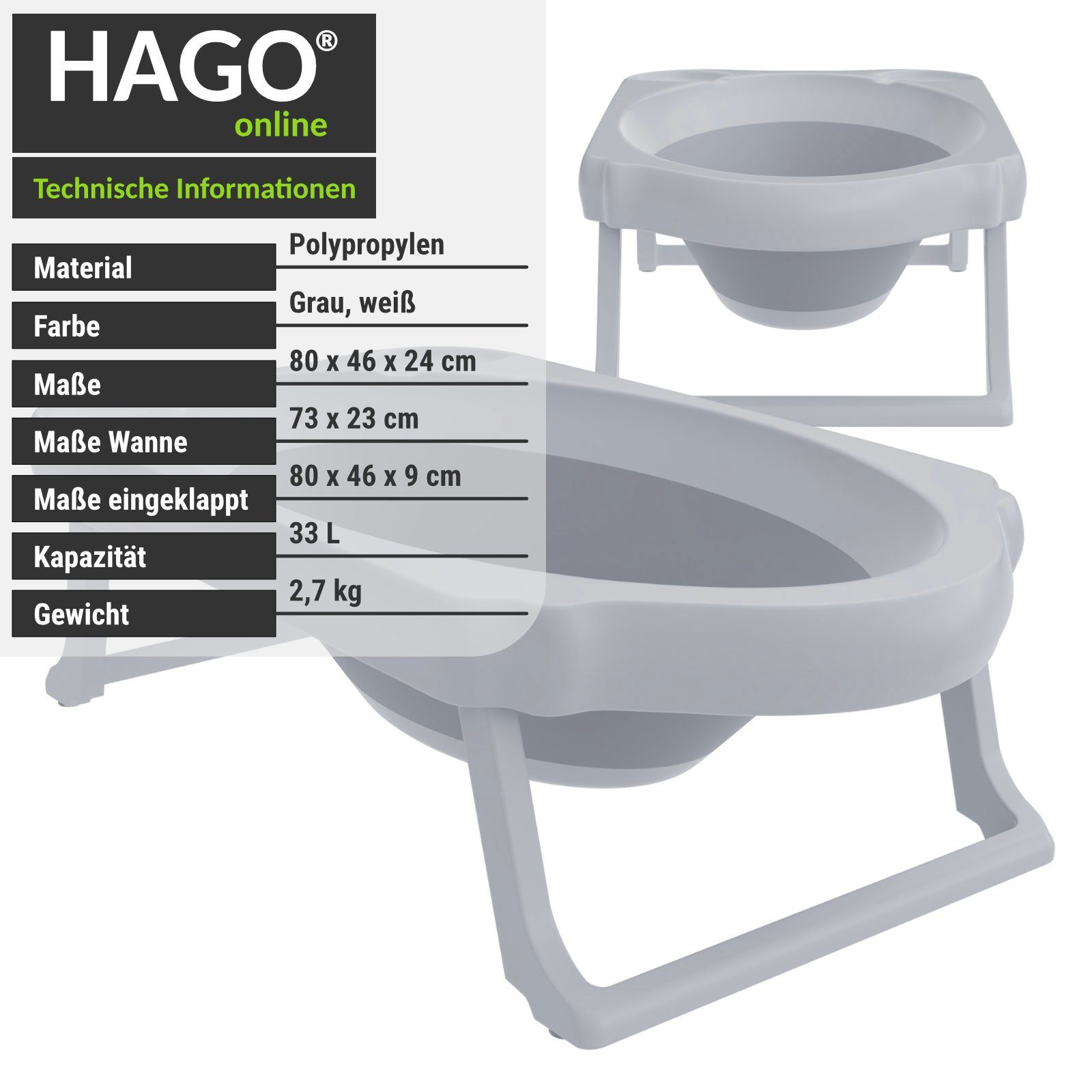 HAGO Badesitz Babybadewanne Babywanne Reisebadewanne klappbar 33L weiß grau anti-rut