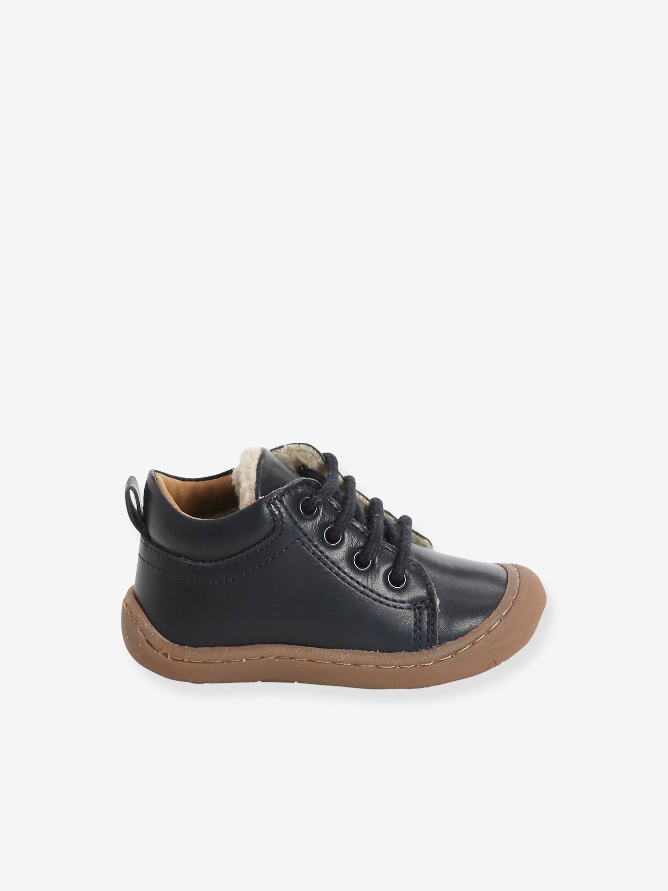 Bottillons fourrés cuir souple bébé garçon 4 pattes marine