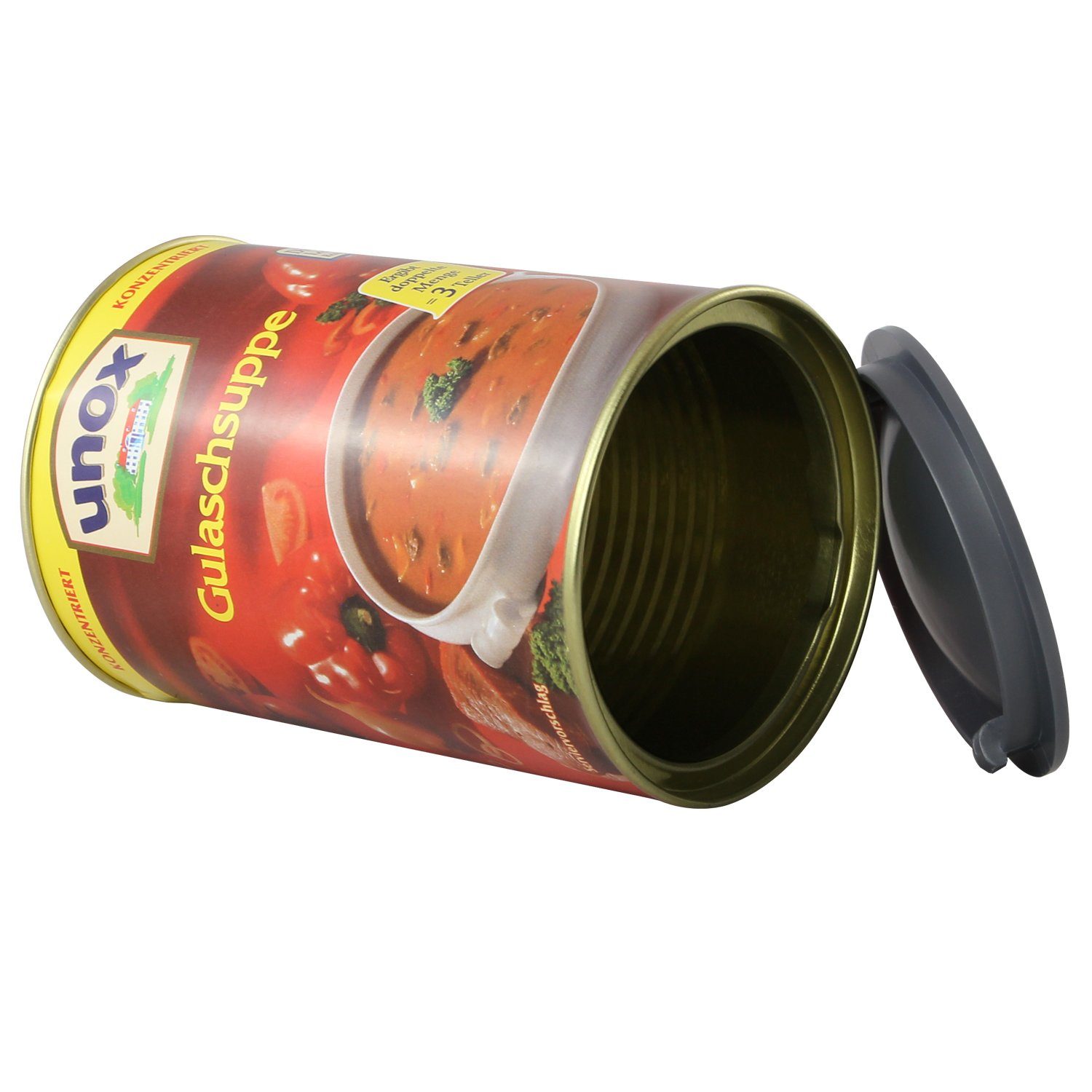 PlasticFantastic Tresor Dosensafe, Geldversteck im Design einer Unox Gulaschsuppe Dose, 11 x 7,5 cm