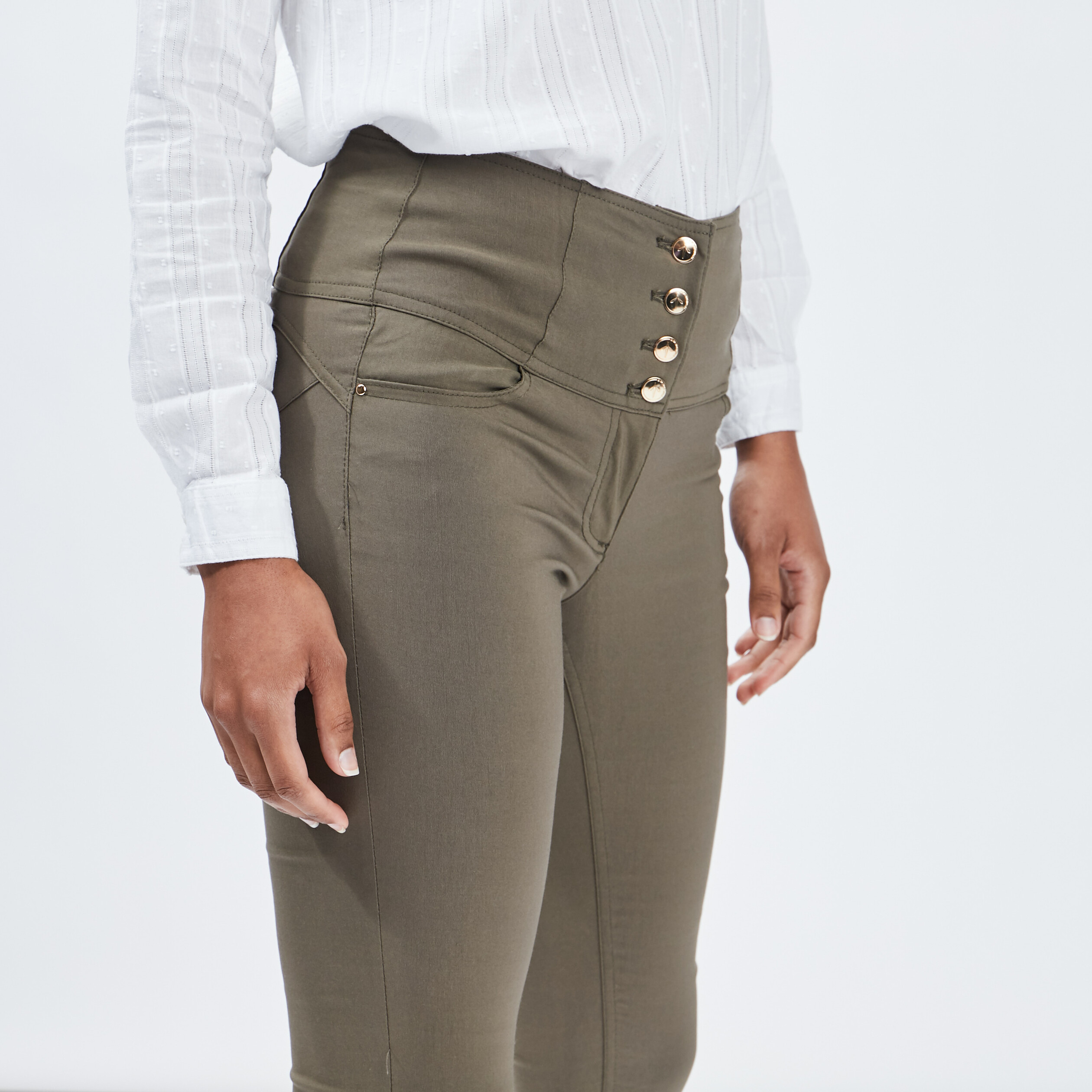 Pantacourt slim taille haute vert kaki femme | La Halle