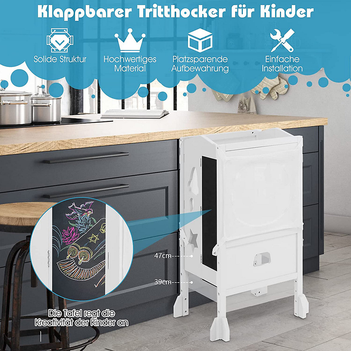 Lernturm Tritthocker klappbar mit Tafel & Sicherheitsnetz