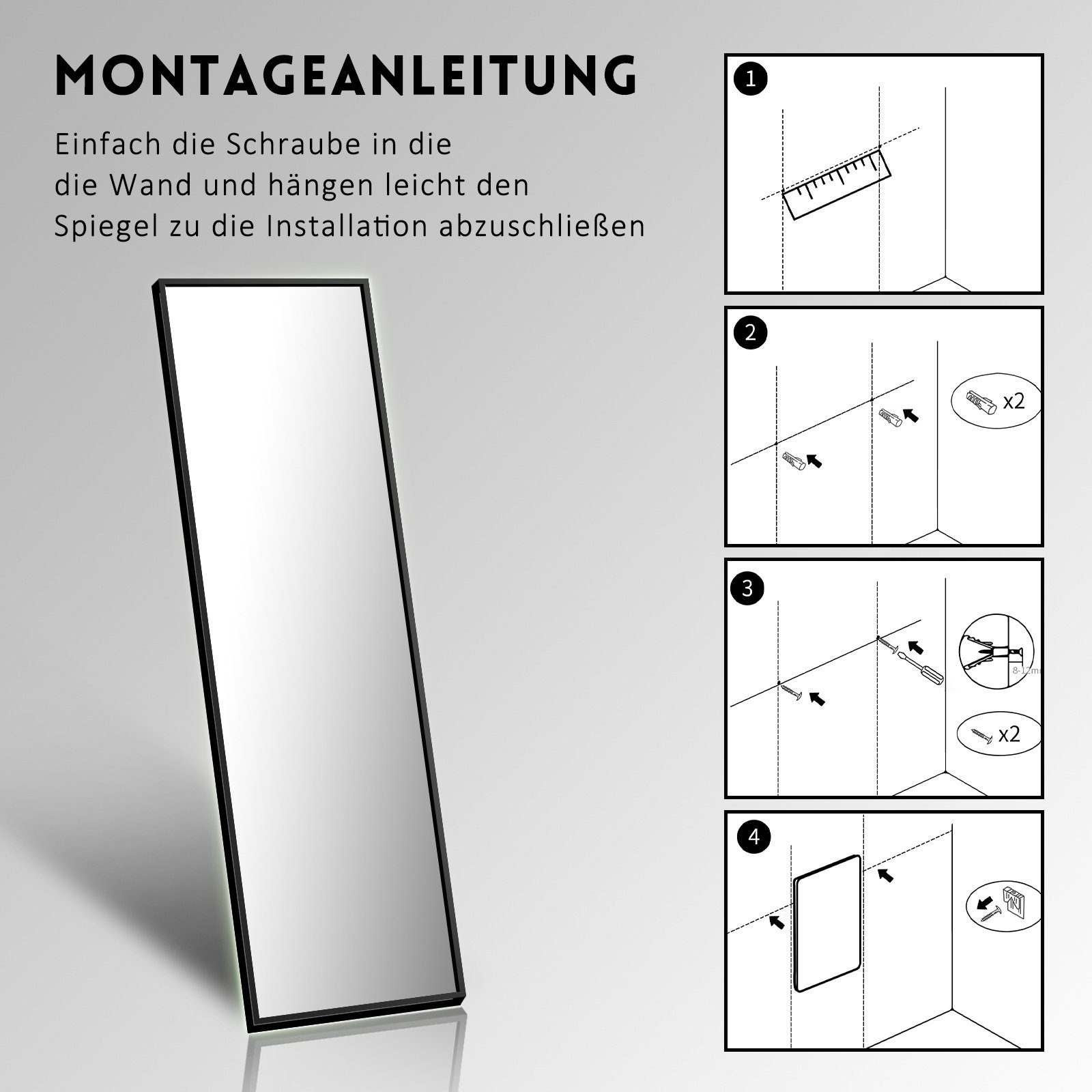 Boromal Spiegel Flur Ganzkörper 150x50 160x40 140x40 Flurspiegel schwarz (Wandspiegel Groß HD Bodenspiegel, mit Alu Metall Rahmen), explosionsgeschützt, 4 Installationsmethoden