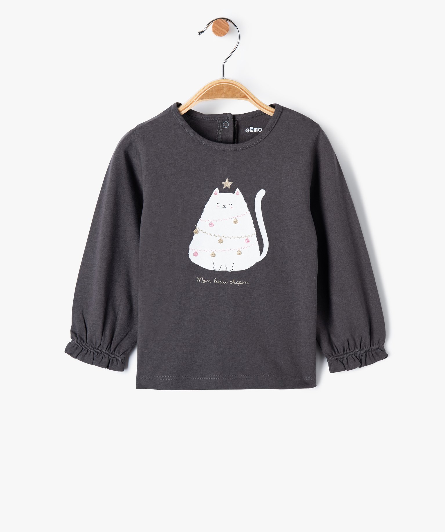 Tee-shirt bébé fille à manches longues volantées et moti... gris fonce | GEMO