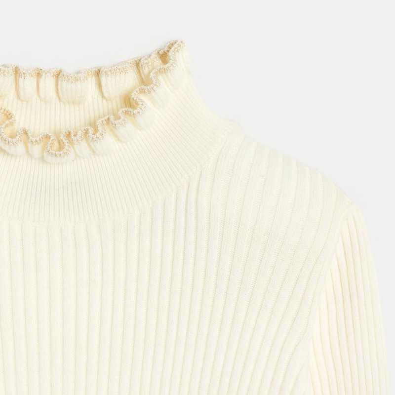 Pull côtelé col collerette blanc fille