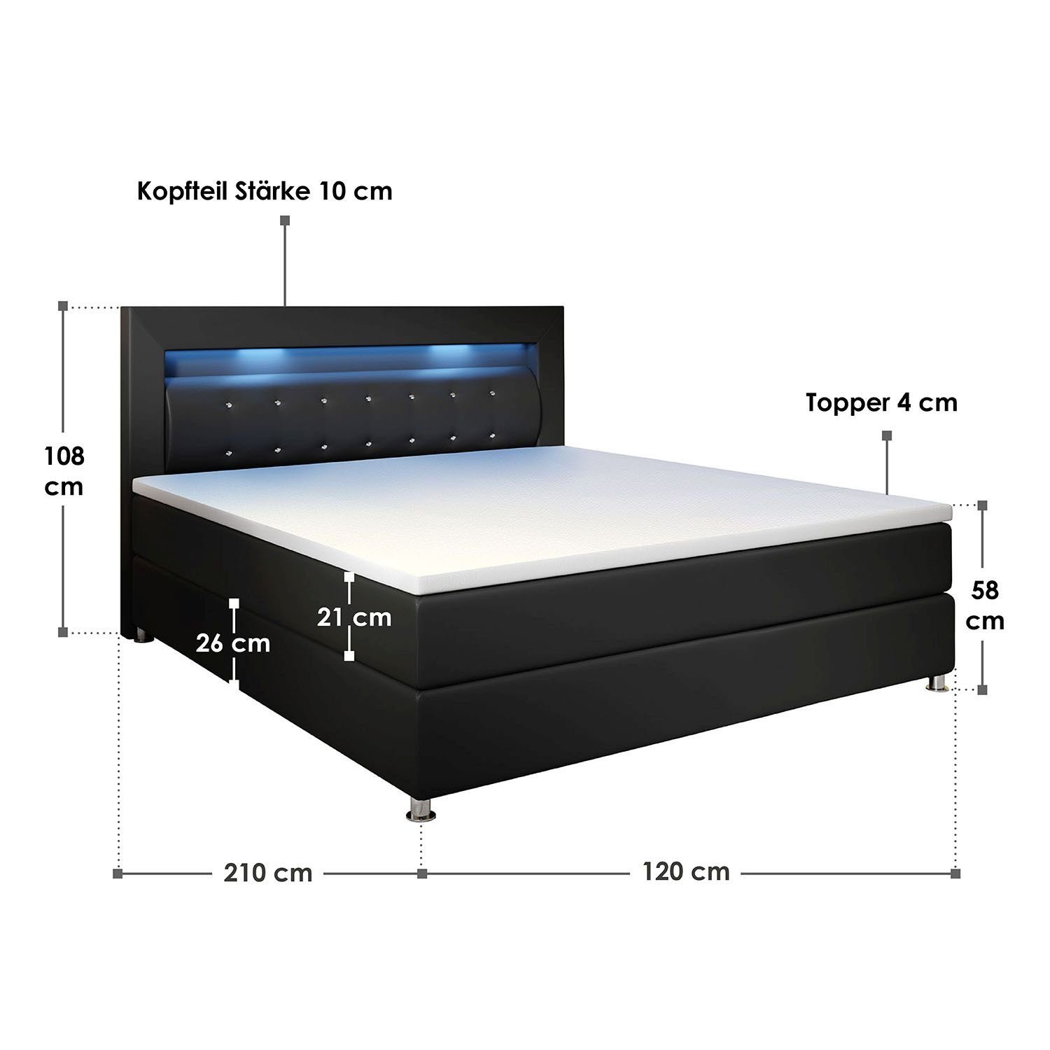 Juskys Boxspringbett Montana, 120x200 cm, Einzelbett mit Topper, Kopfteil und LED-Beleuchtung