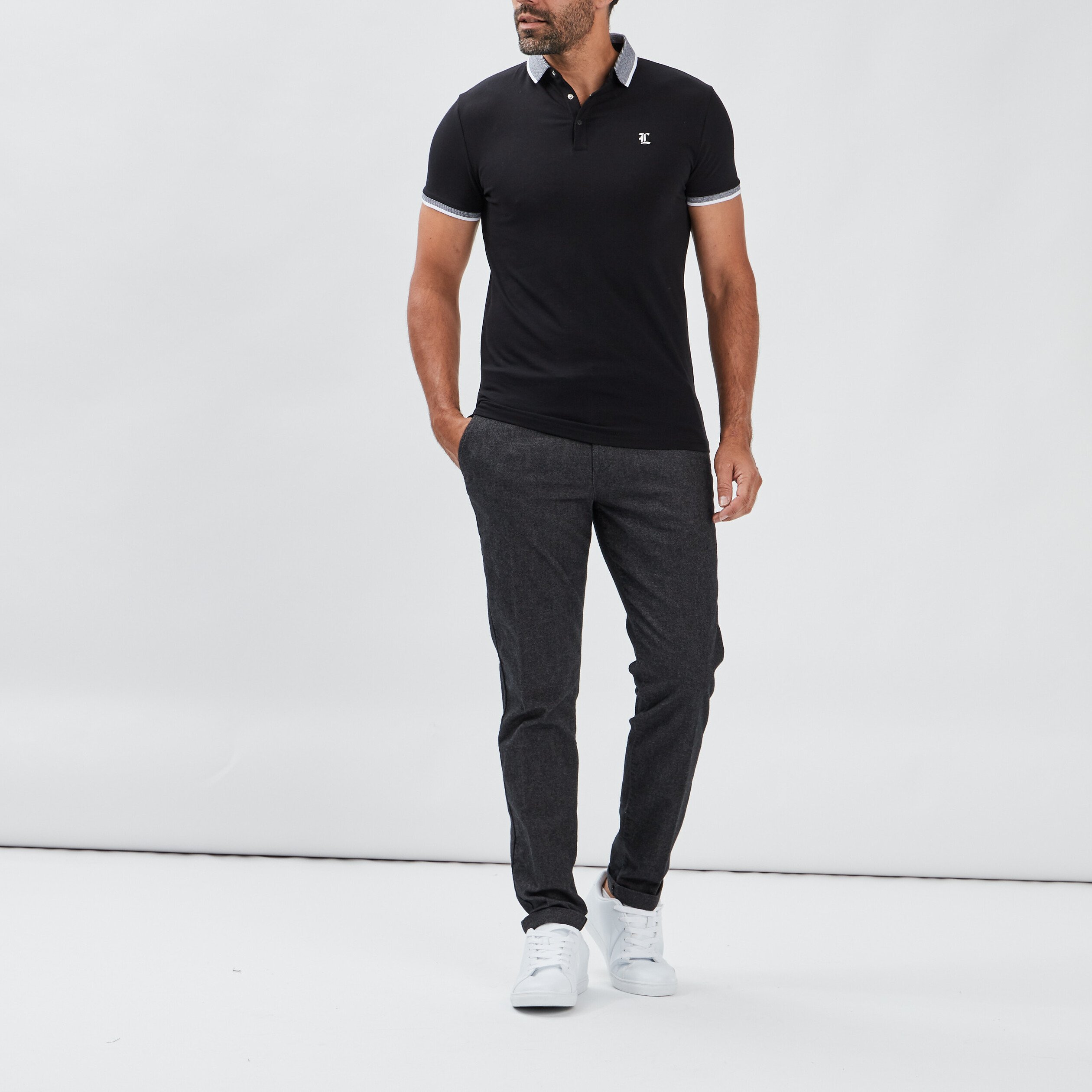 Polo ajusté manches courtes noir homme | La Halle