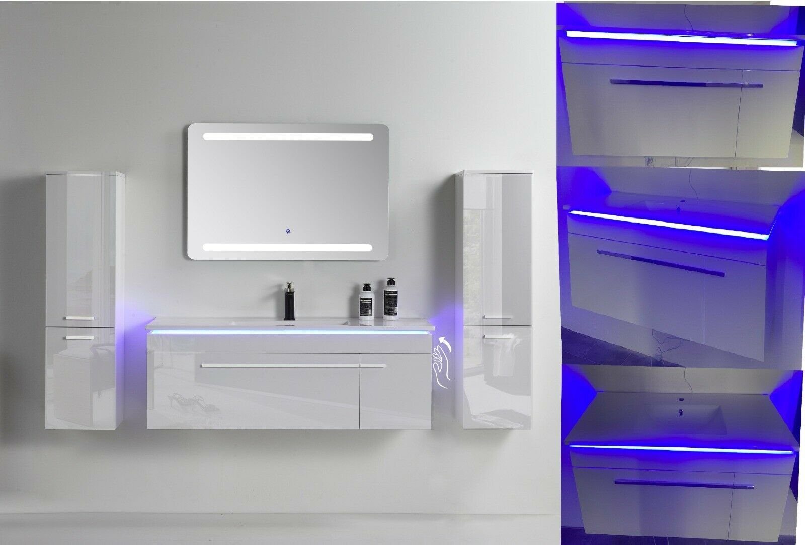 Faizee Möbel Badmöbel-Set Badmöbel- Set Schwarz/Weiß/Königsblau Keramik/Granitspüle 120 cm, (Komplett-Set, 5-St), badmöbel set 120cm komplett Set LED-Spiegel mit Touch-Funktion