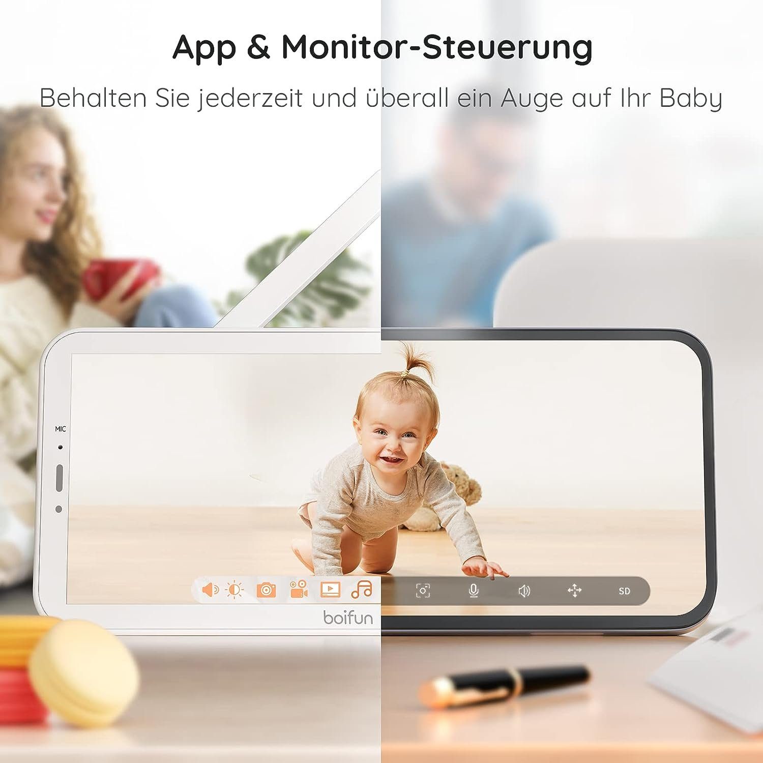 Boifun Babyphone Video-Babyphone Babyphone mit Kamera Mit 32GB SD Karte, 5 Zoll LCD-Display Babyfon,1080P HD, PT 350°/55°, 4×Zoom, mit Kamera App, Automatisches AI-Tracking, Bewegungs/Geräuscherkennung
