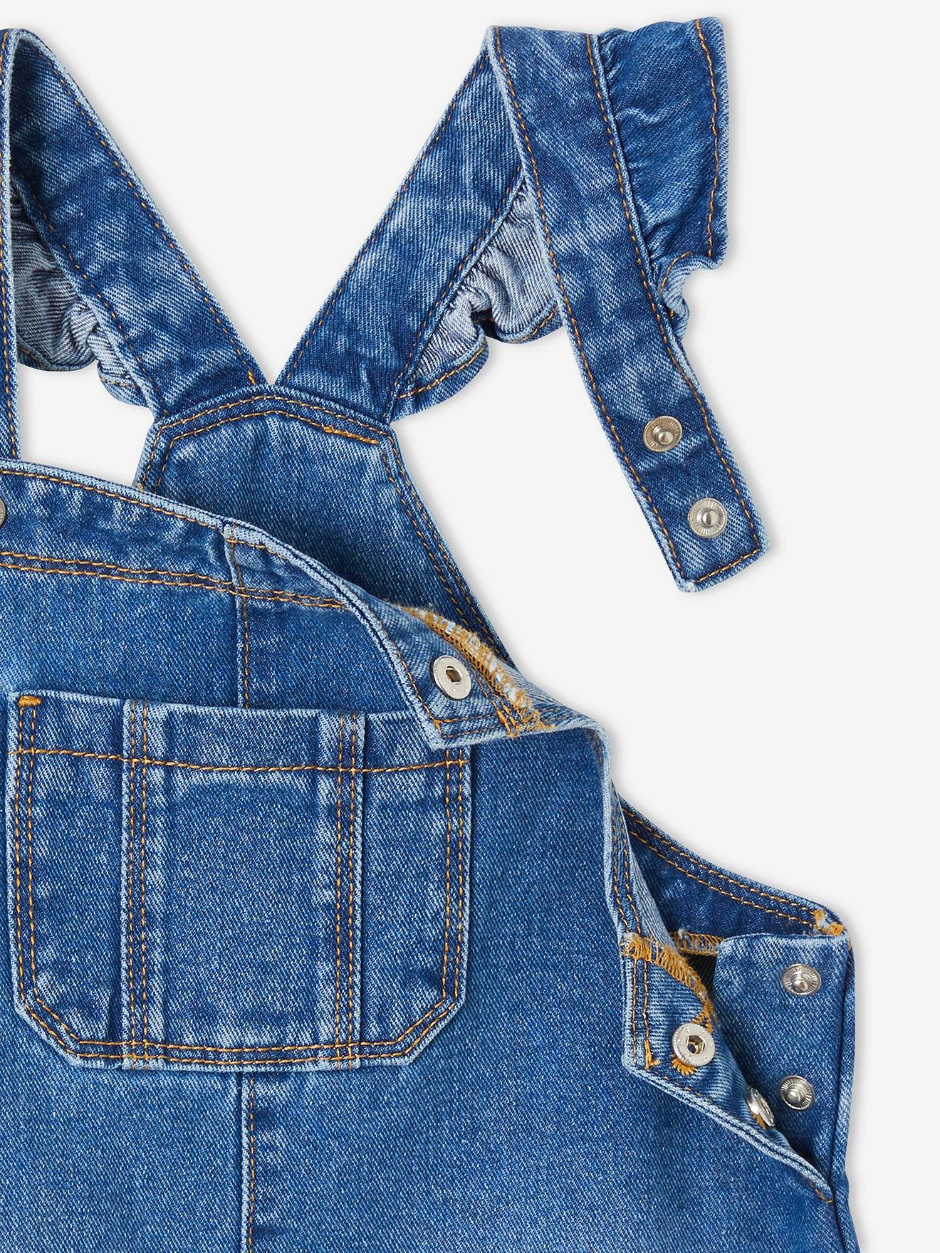 Robe-salopette en jean fille bretelles à volants stone