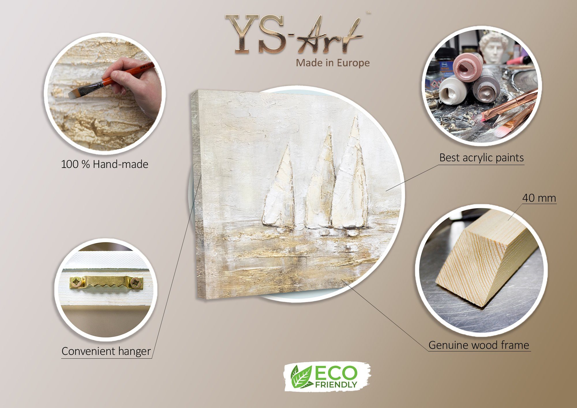 YS-Art Gemälde Sonnenblendung, Landschaftsbilder, Gold Segelboote Meer Wasser Leinwand Bild Handgemalt