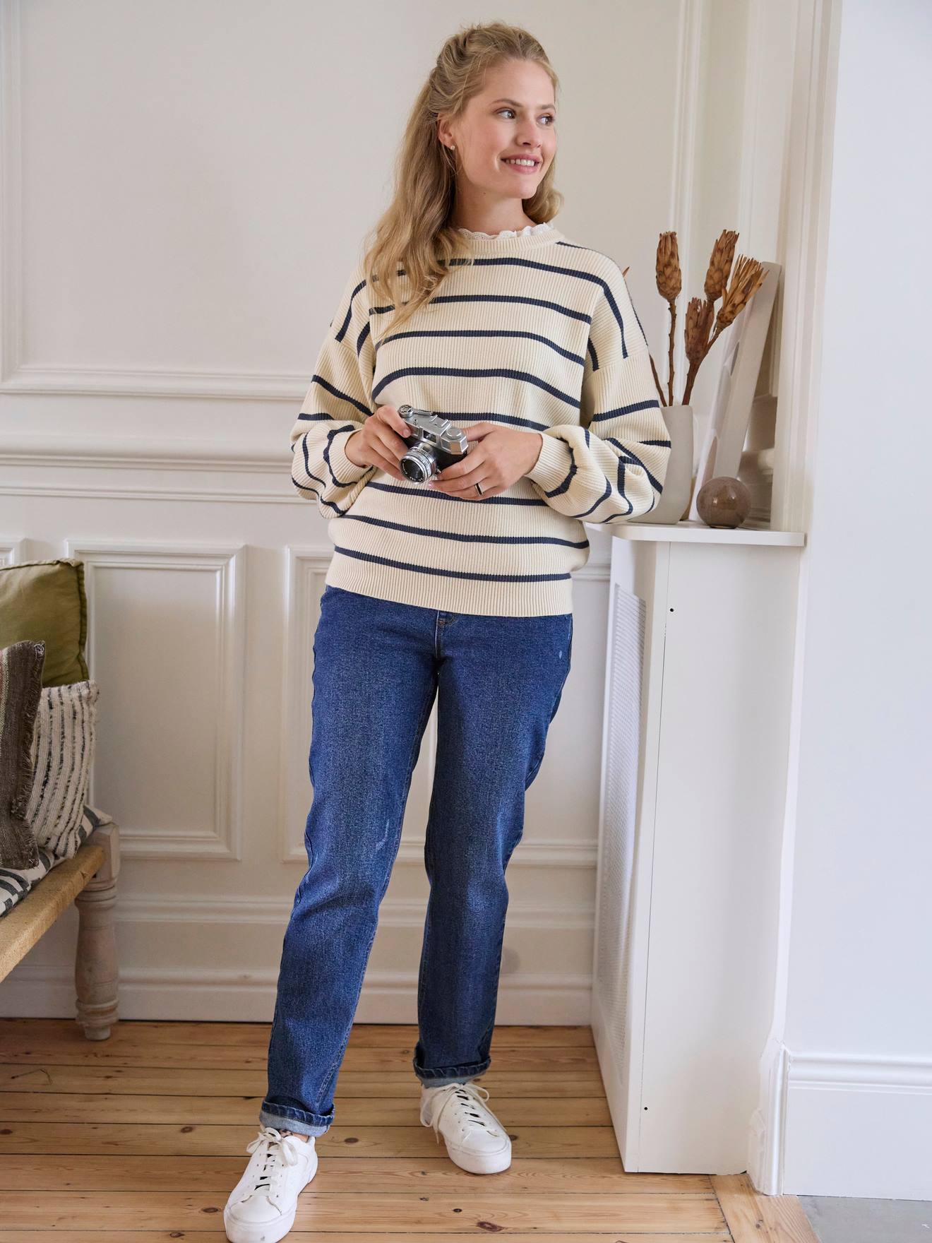 Vertbaudet Umstandspullover mit Volantkragen, Capsule Collection MAMA, TOCHTER & BABY - wollweiß/marine gestreift
