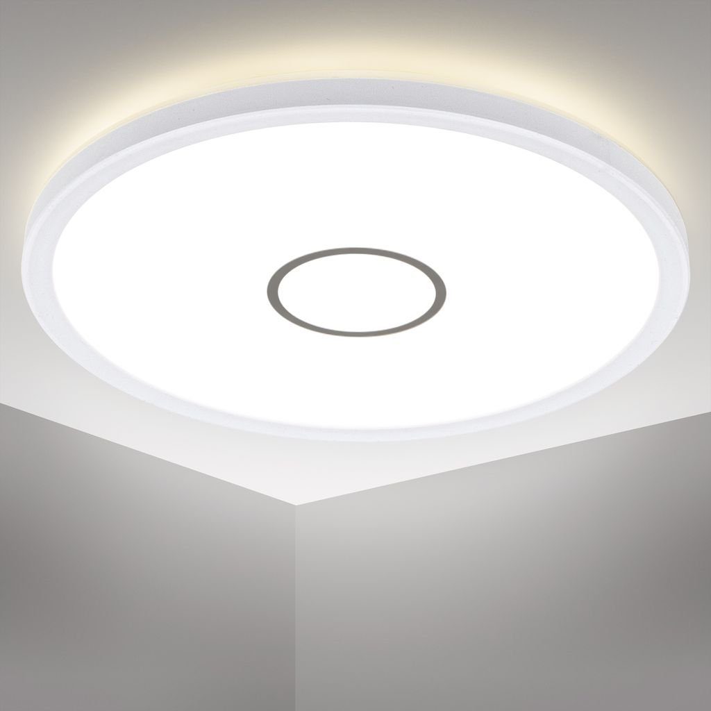 B.K.Licht Deckenleuchte LED Deckenlampe ultraflach Ø29,3x2,8cm weiß-silber - BKL1239, LED fest integriert, Neutralweiß, 18W 2.400lm 4000K IP20 rund