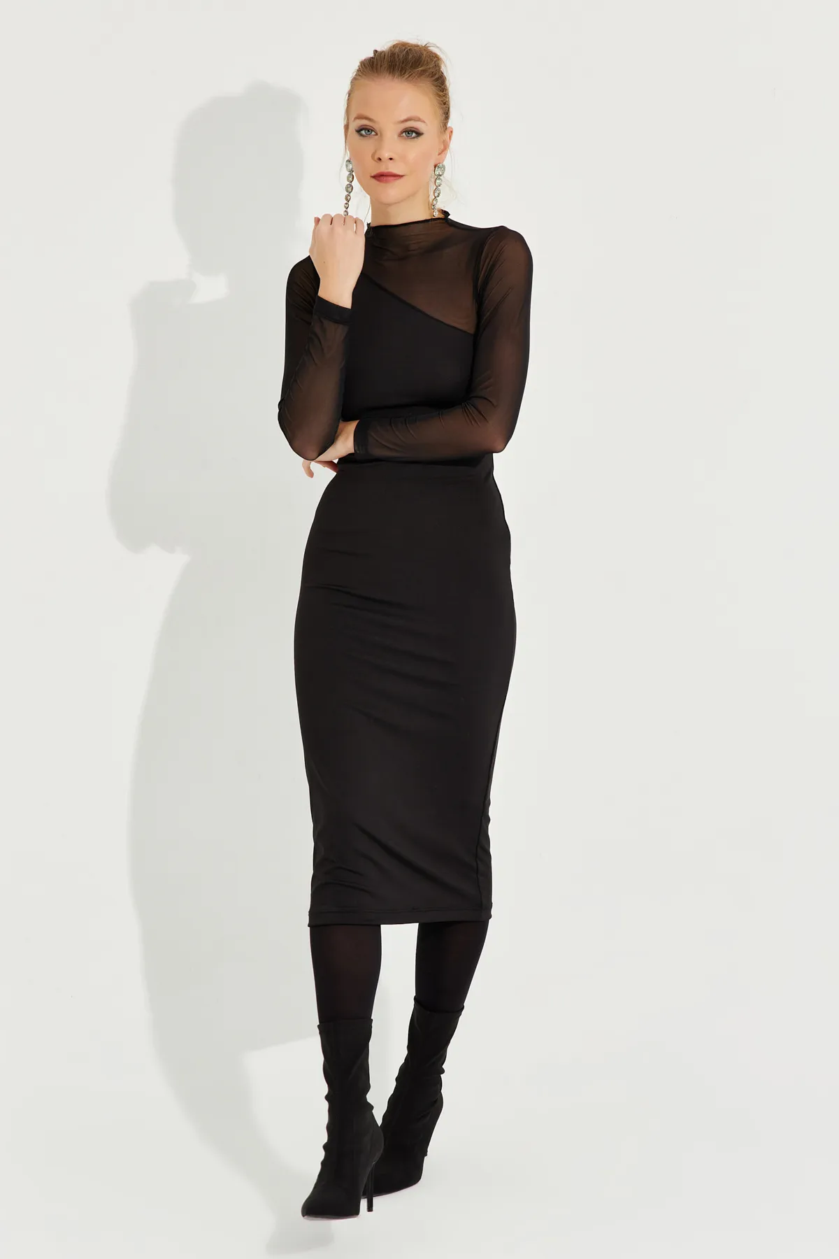 Cool & Sexy  Schwarzes, detailliertes, asymmetrisches Midikleid aus Tüll für Damen EY2601