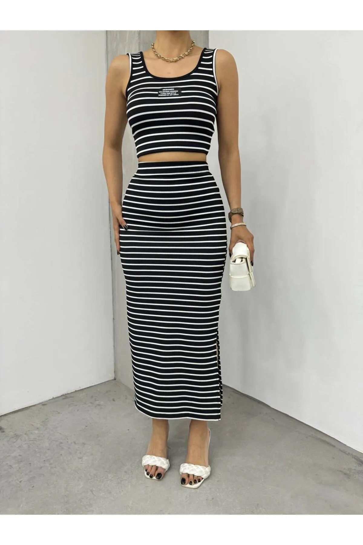 BİKELİFE  Damen-Set mit gestreiftem Crop-Top und Midirock