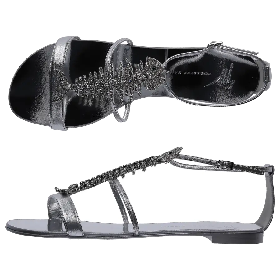 Giuseppe Zanotti - Zehentrenner ROLL Kalbsleder Swarovski silber - grau