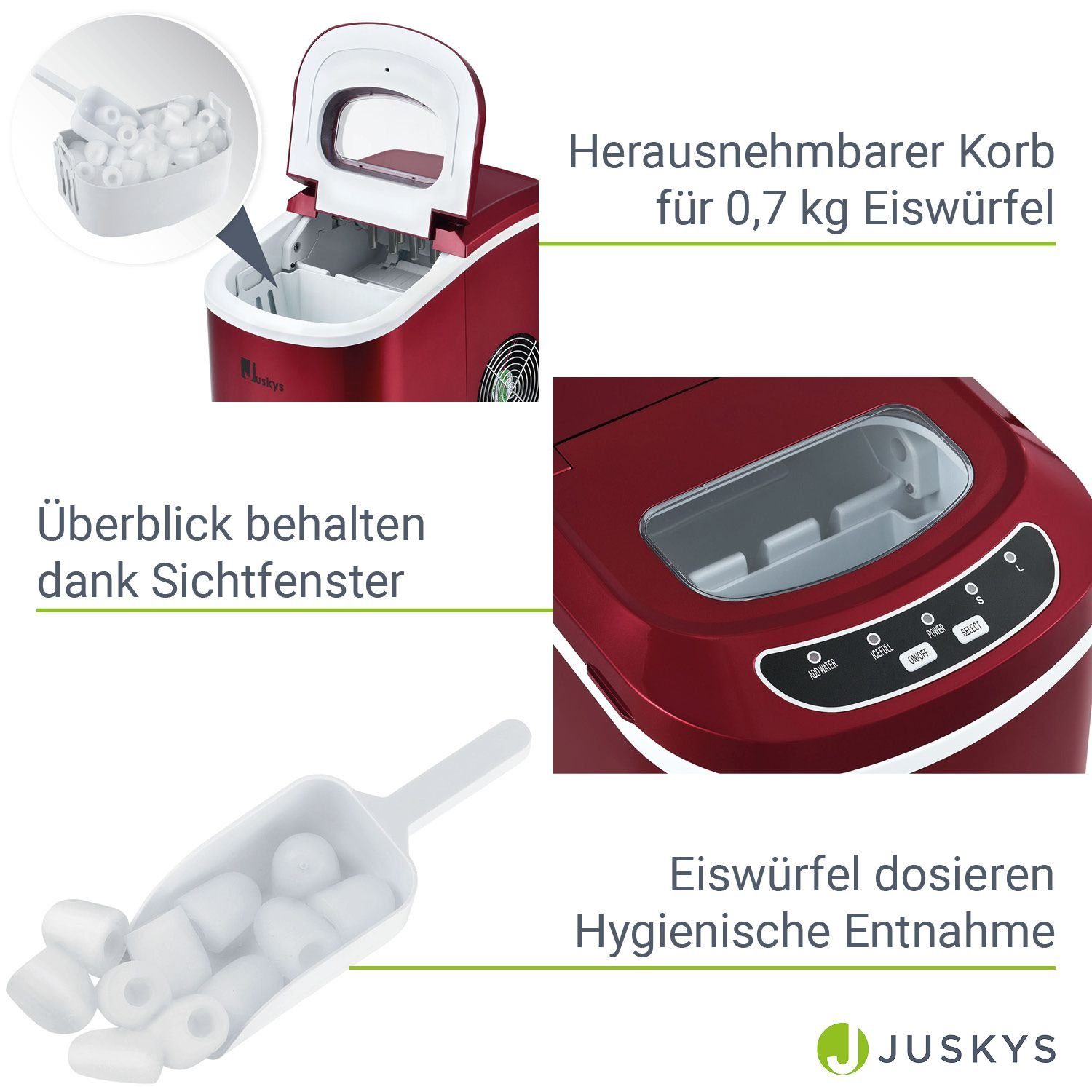 Juskys Eiswürfelmaschine IcyCube, 12 kg in 24 h, großer Wassertank