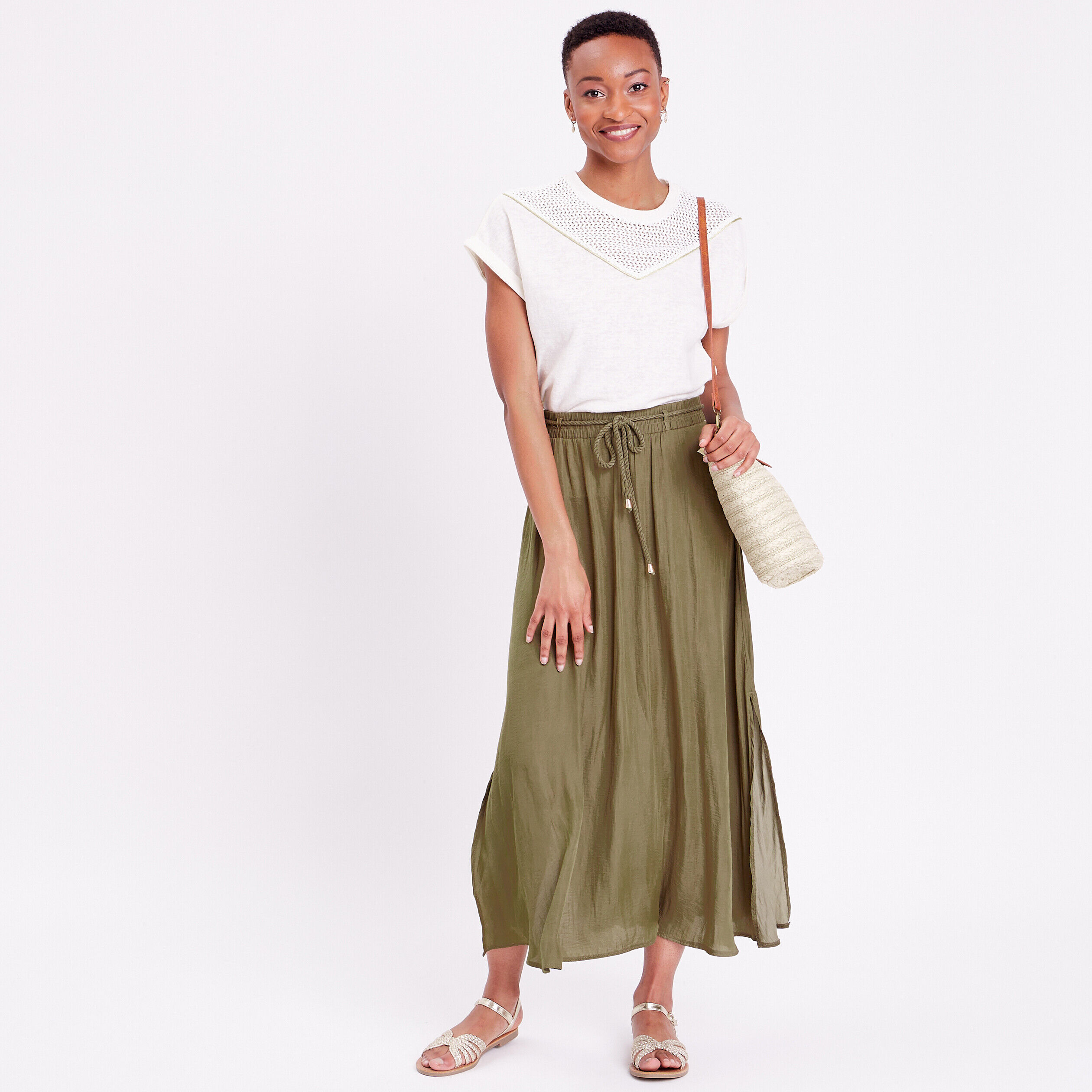 Jupe longue évasée satin vert kaki femme | Cache Cache