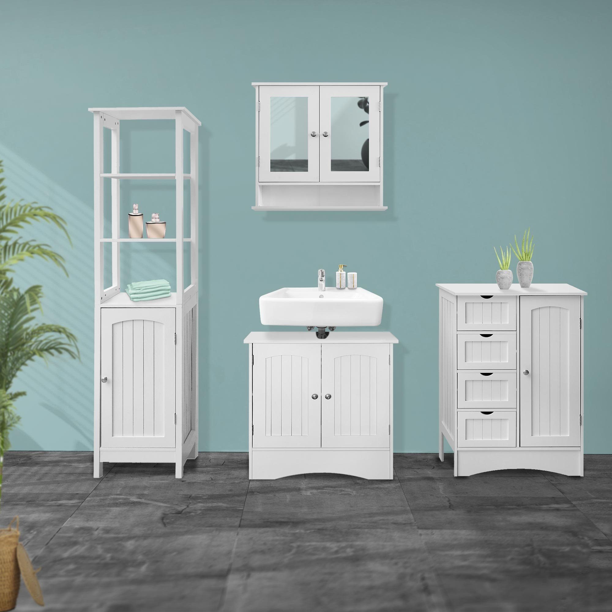 ML-DESIGN Badezimmer-Set Badezimmerschrank, Weiß 55x81x30cm Holz