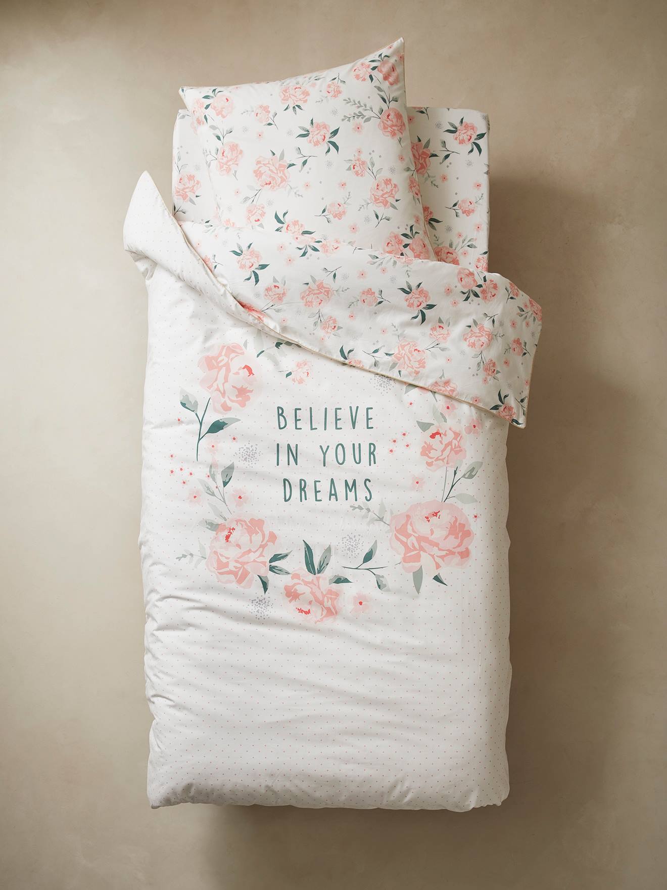Vertbaudet Kinder Bettwäsche-Set ROSENTRAUM Oeko-Tex - wollweiß/rosa