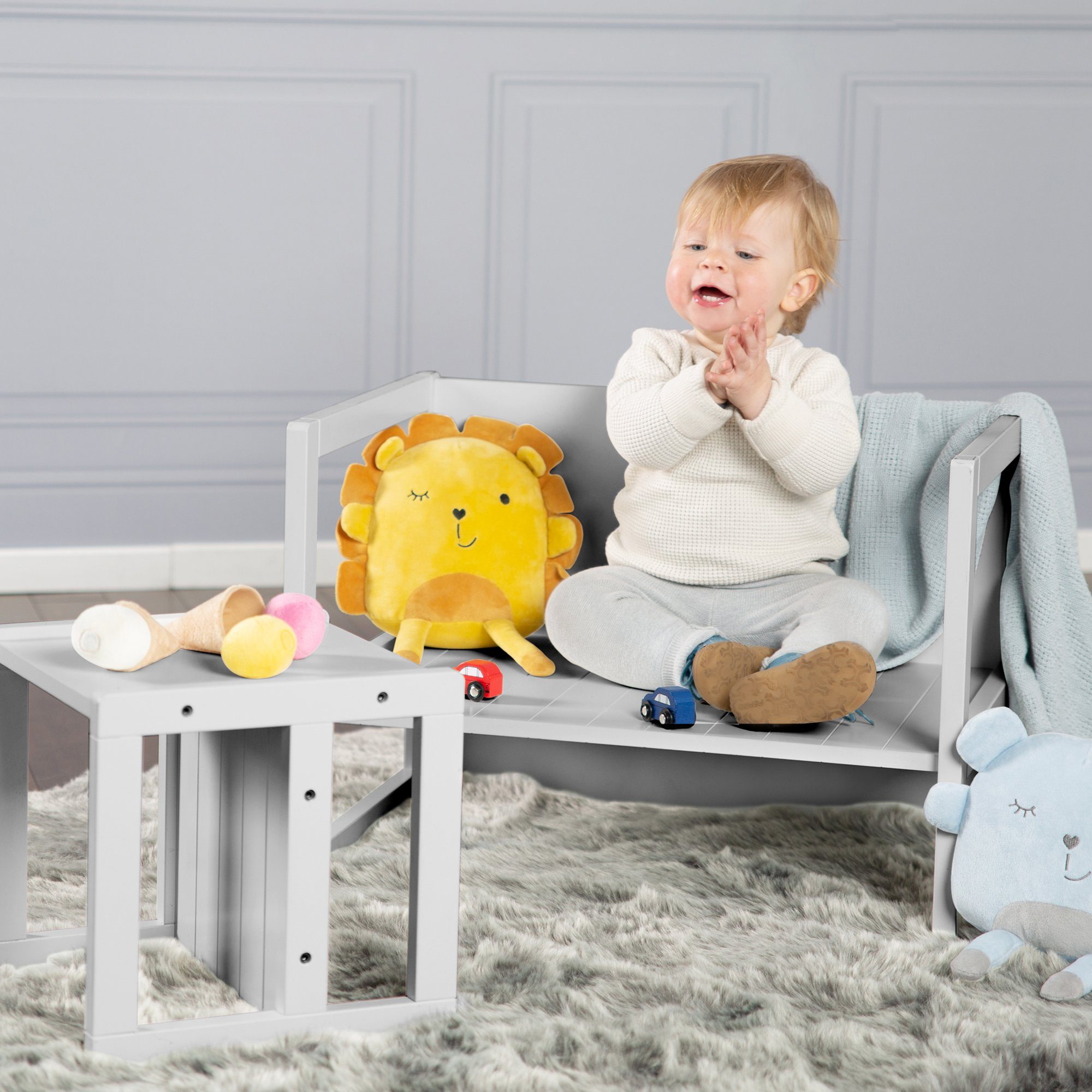 roba® Kindersitzgruppe Sitzset im Landhausstil für Kinder, 2 Hocker & eine zum Tisch umwandelbarer Kinderbank