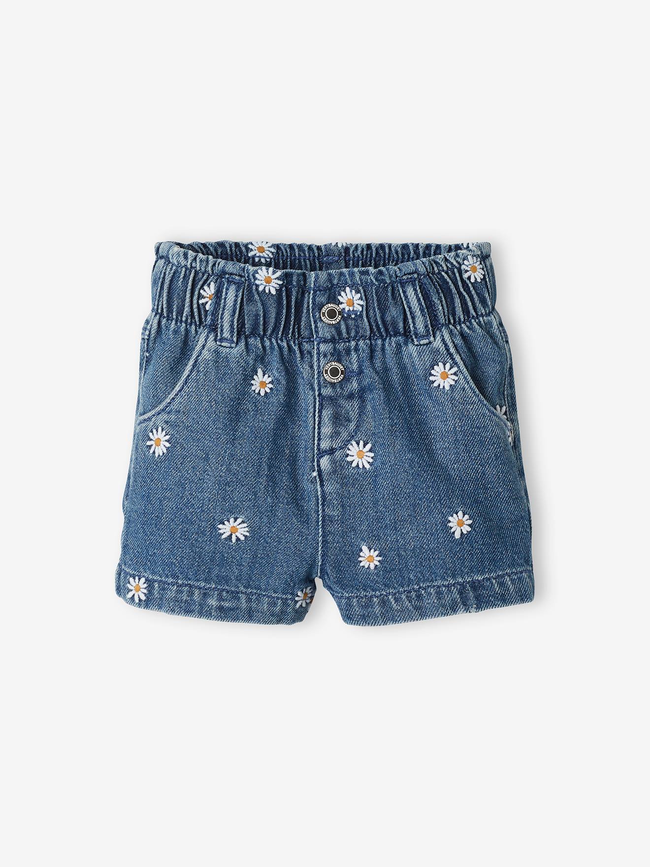 Short en denim bébé fleurs brodées stone