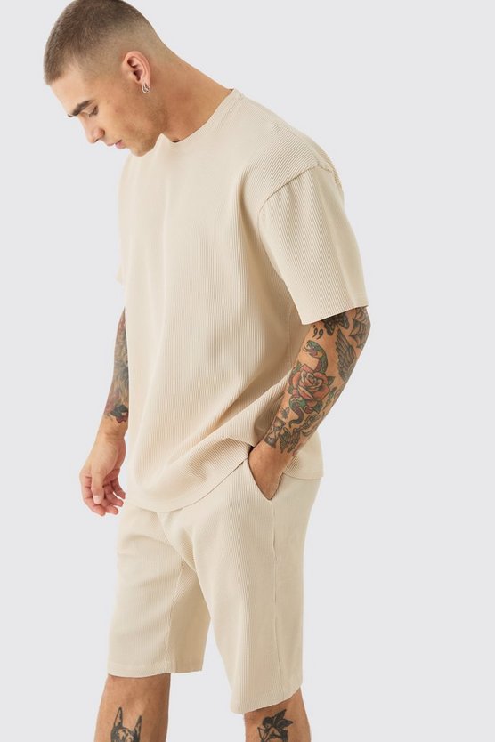 Textured Pleated Oversized Tee & Short Set