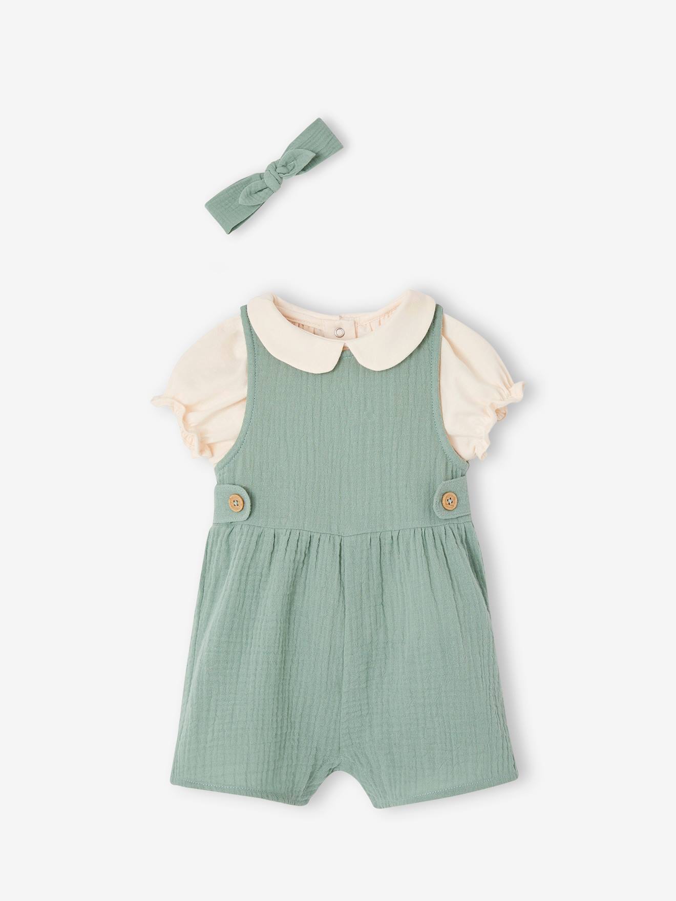 Vertbaudet Mädchen Baby-Set: T-Shirt, Kurzoverall & Haarband, personalisierbar - altrosa