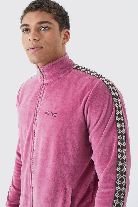Velour Trainingsoberteil mit Reißverschluss und Jacquard-Streifen
