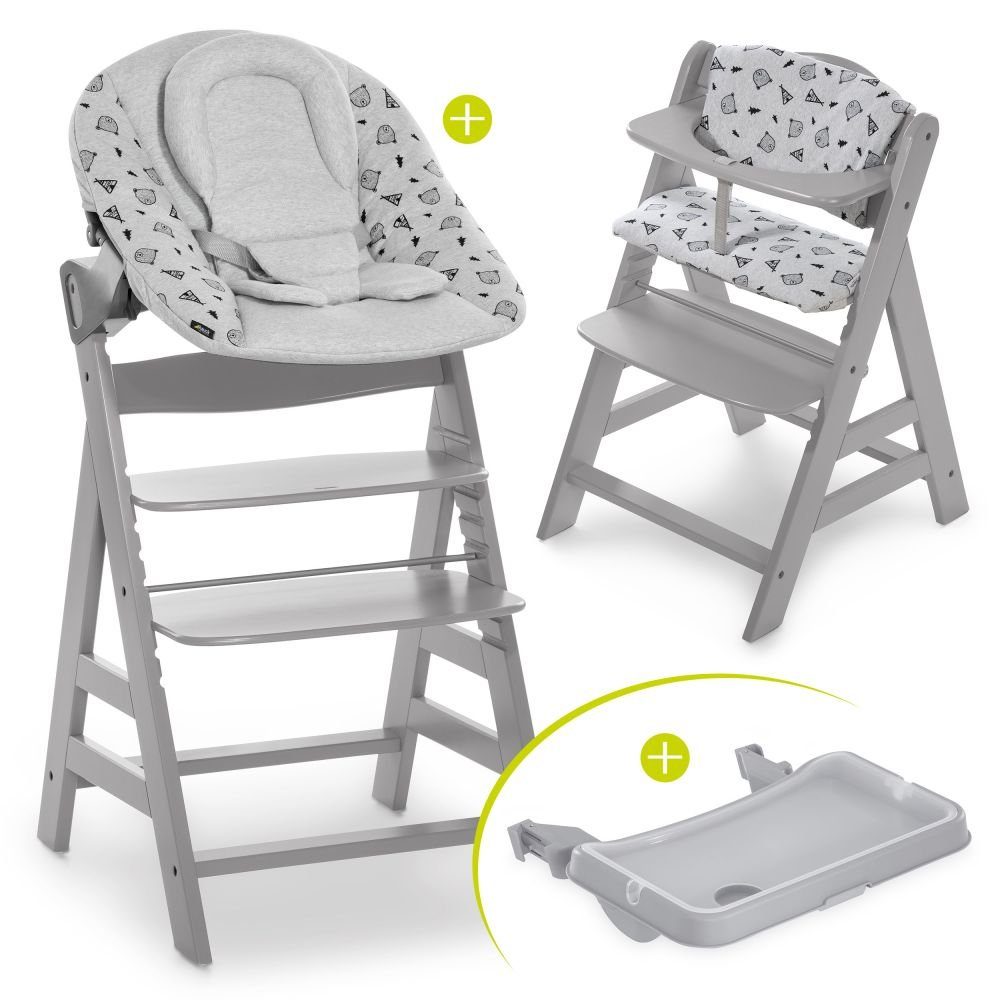 Hauck Hochstuhl Alpha Plus Grau XL Newborn Set (Set, 5 St), Babystuhl ab Geburt, Aufsatz für Neugeborene, Essbrett, Sitzauflage
