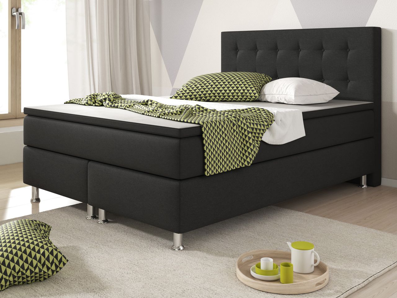 IHG Boxspringbett Köln 140x200 Webstoff Schwarz