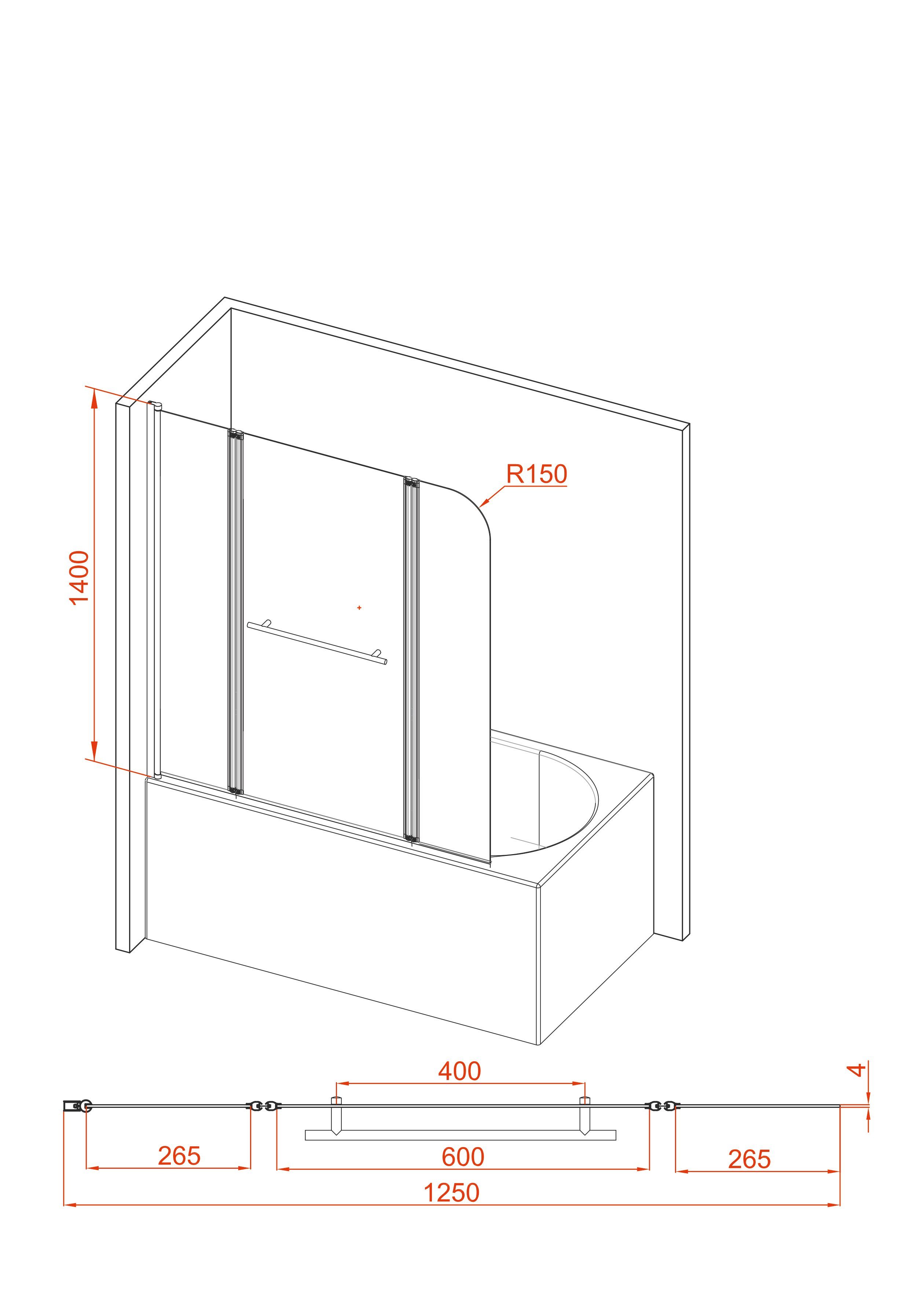 Marwell Badewannenfaltwand FACTORY, Einscheibensicherheitsglas, (3 tlg), Breite: 125 cm