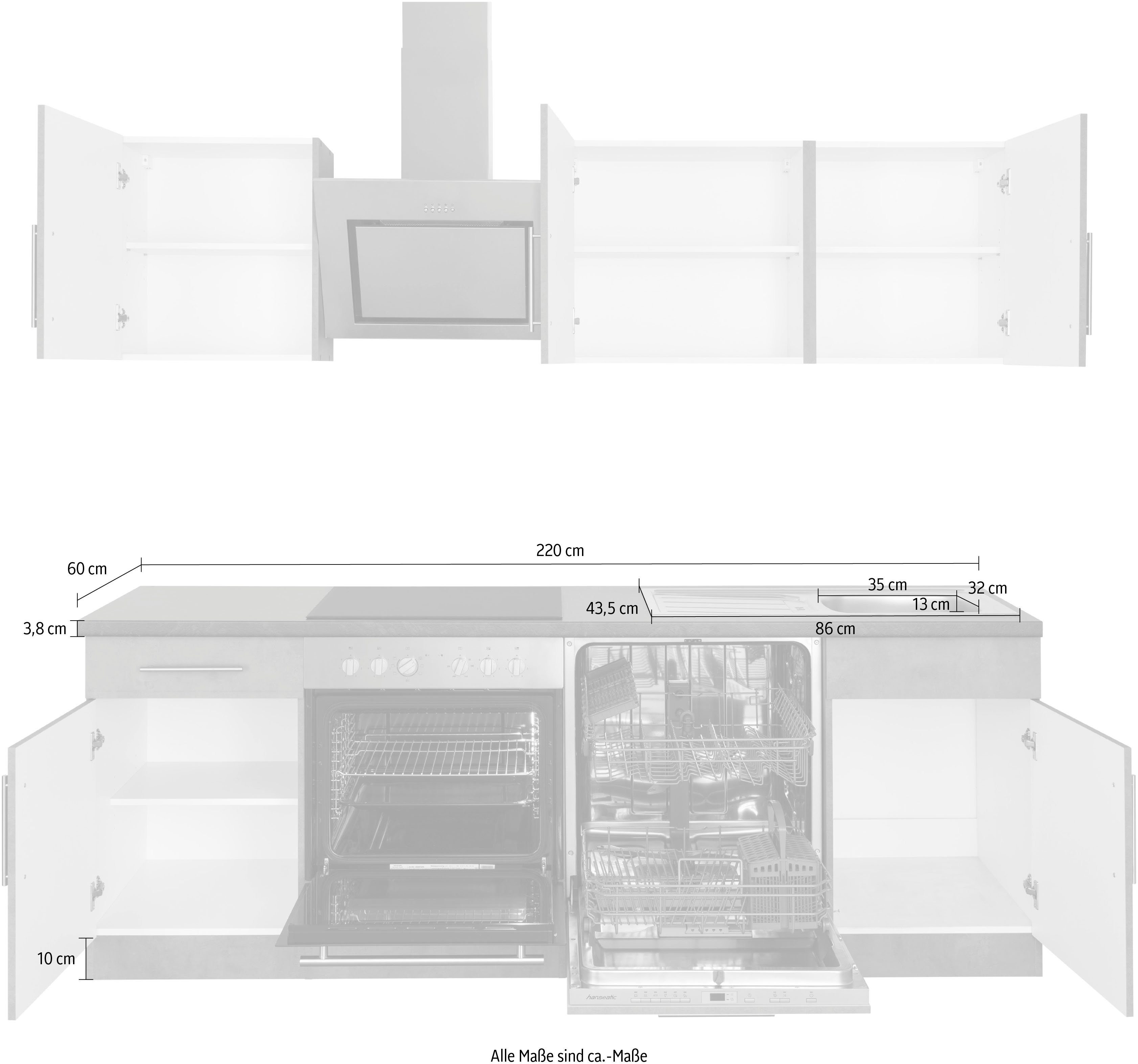wiho Küchen Küchenzeile Cali, mit E-Geräten, Breite 220 cm mit Hanseatic E-Geräten