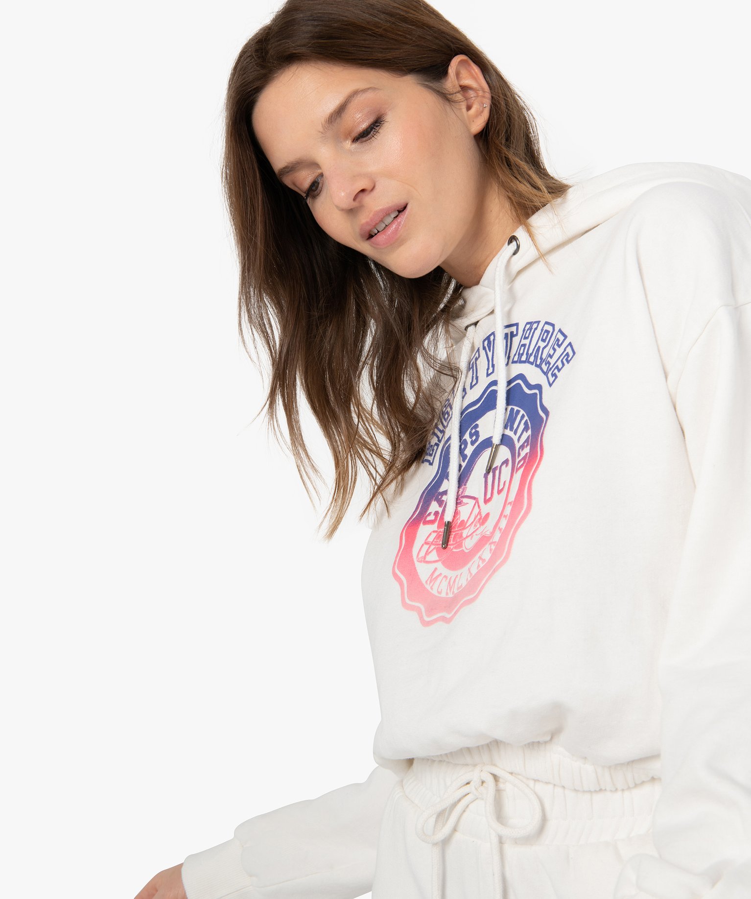 Sweat femme court à capuche – Camps United ecru | GEMO