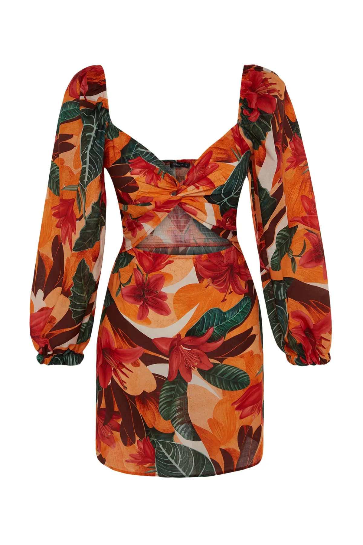Trendyol Collection  Tropisch gemustertes, figurbetontes, gewebtes Mini-Strandkleid aus 100 % Baumwolle mit Ausschnitt/Fenster TBESS23EL00175