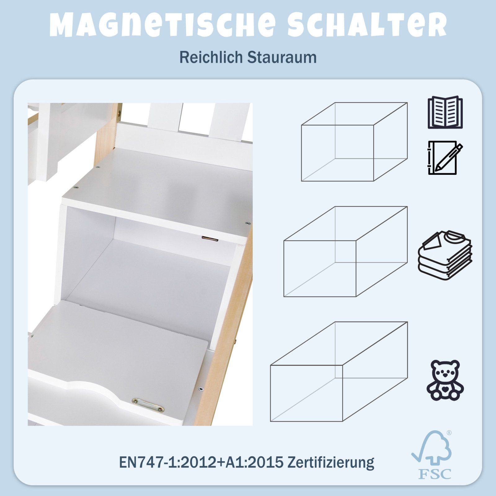 FUROKOY Holzbett Baumhaus Tafel Bett mit Speicherung und Rausfallschutz mit Wandtafel, , Etagenbett Hochbett 90 x 200 cm Natur & Weiß