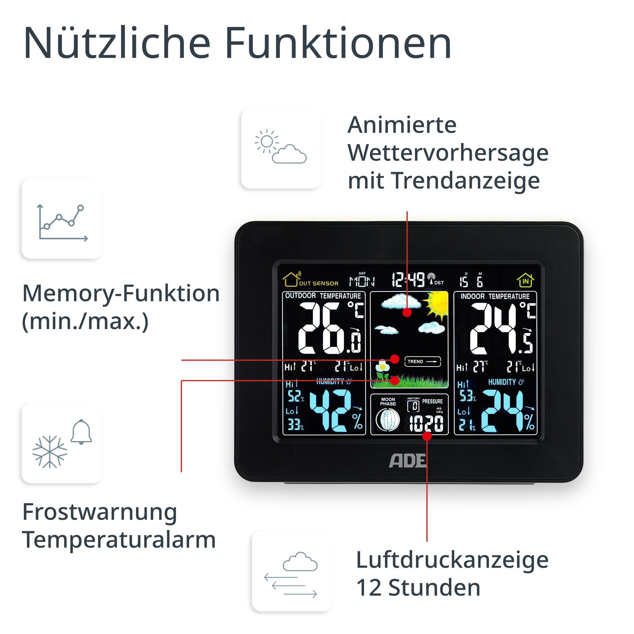 ADE Wetterstation Funk mit Außensensor und Vorhersage Funkwetterstation (mit Luftdruckanzeige, LED-Farbdisplay, Weckfunktion, beleuchtet)