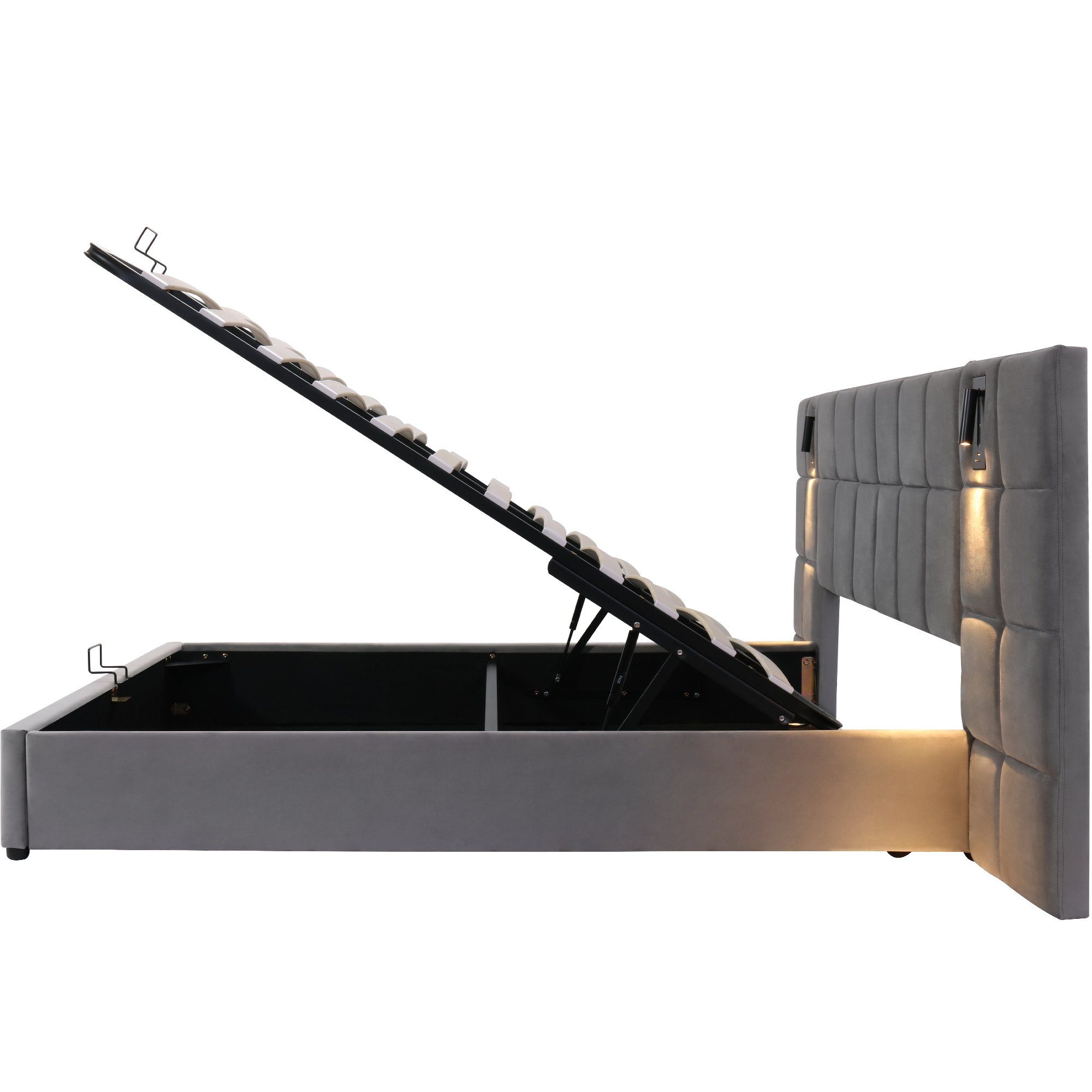 Flieks Polsterbett, Stauraumbett Leselicht & USB-Anschluss 160x200cm Samt ohne Nachttisch