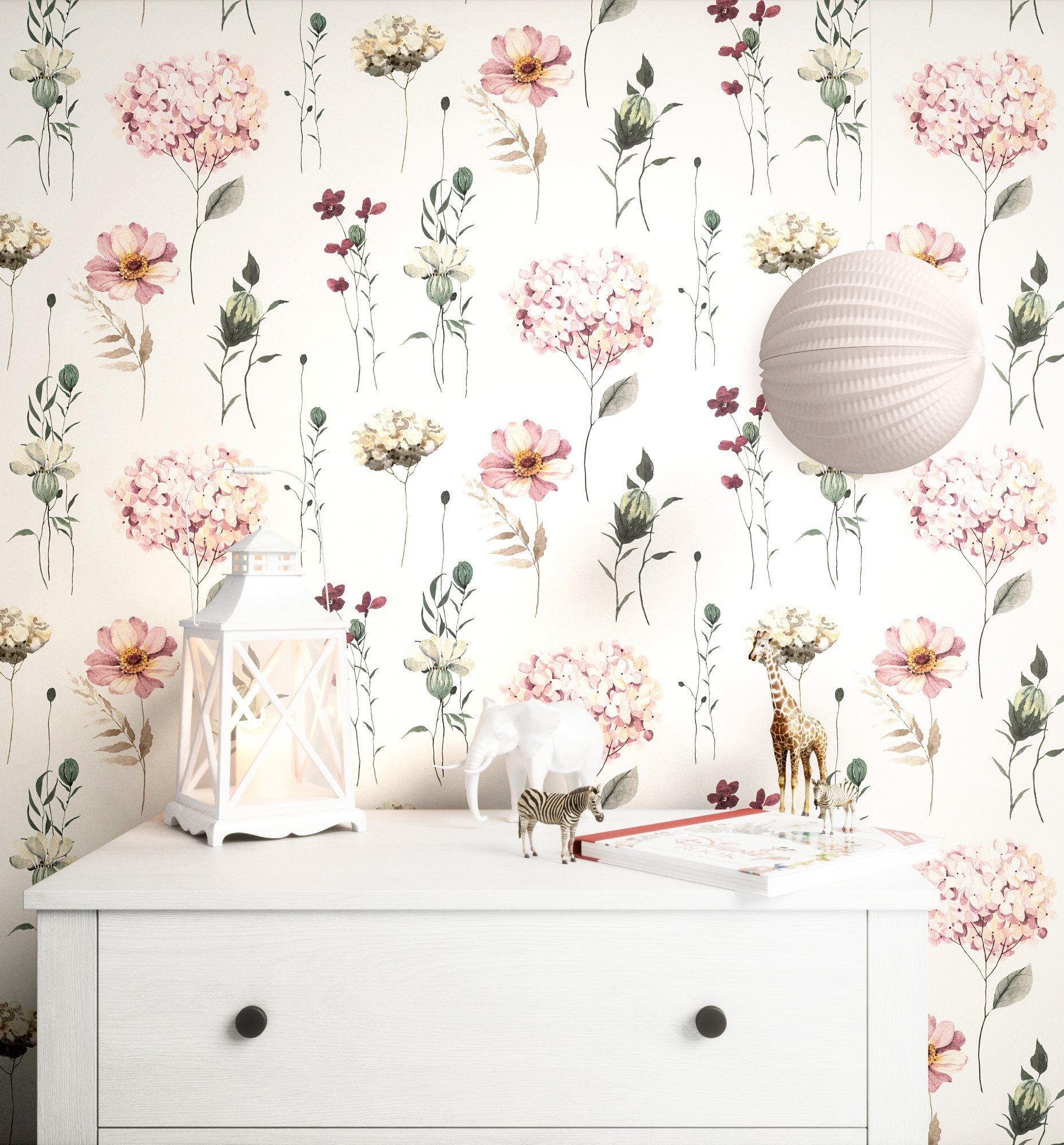 Newroom Vliestapete, Rosa Tapete Kinder Blumen - Kindertapete Jugendtapete Rose Grau Verspielt Blüten Hortensien für Kinderzimmer Jugendzimmer Babyzimmer