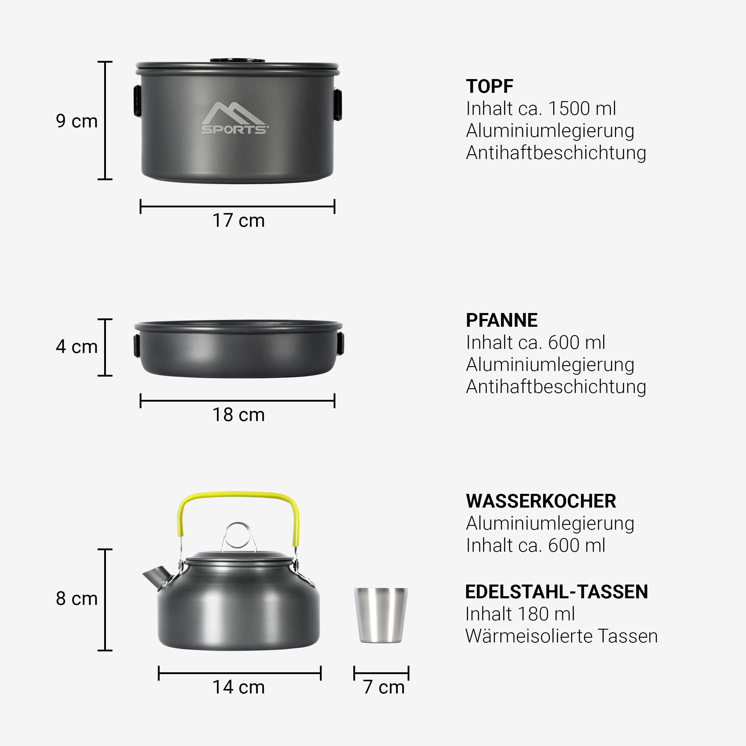 MSports® Gaskocher Camping Kochset 11-teilig Kochgeschirr Set Outdoor aus Aluminium Geschirr Set, Kochtopf Topf & Pfanne