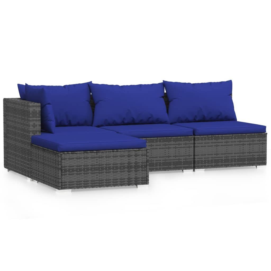 vidaXL Gartenlounge-Set 4-tlg. Garten-Lounge-Set mit Kissen Grau Poly Rattan, (1-tlg)
