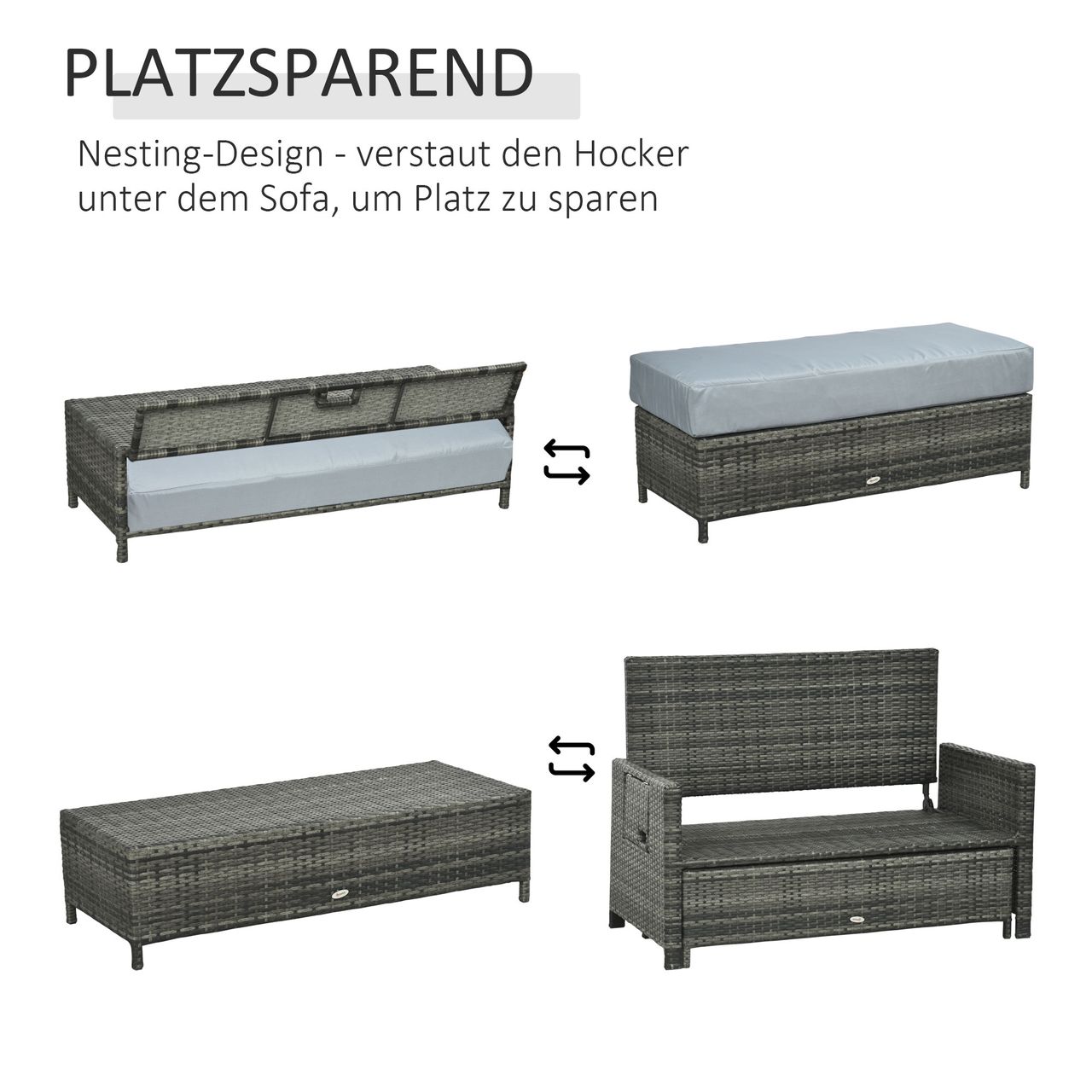 Outsunny Polyrattan Lounge-Sofa Gartensofa 2-Sitzer mit Kissen Grau